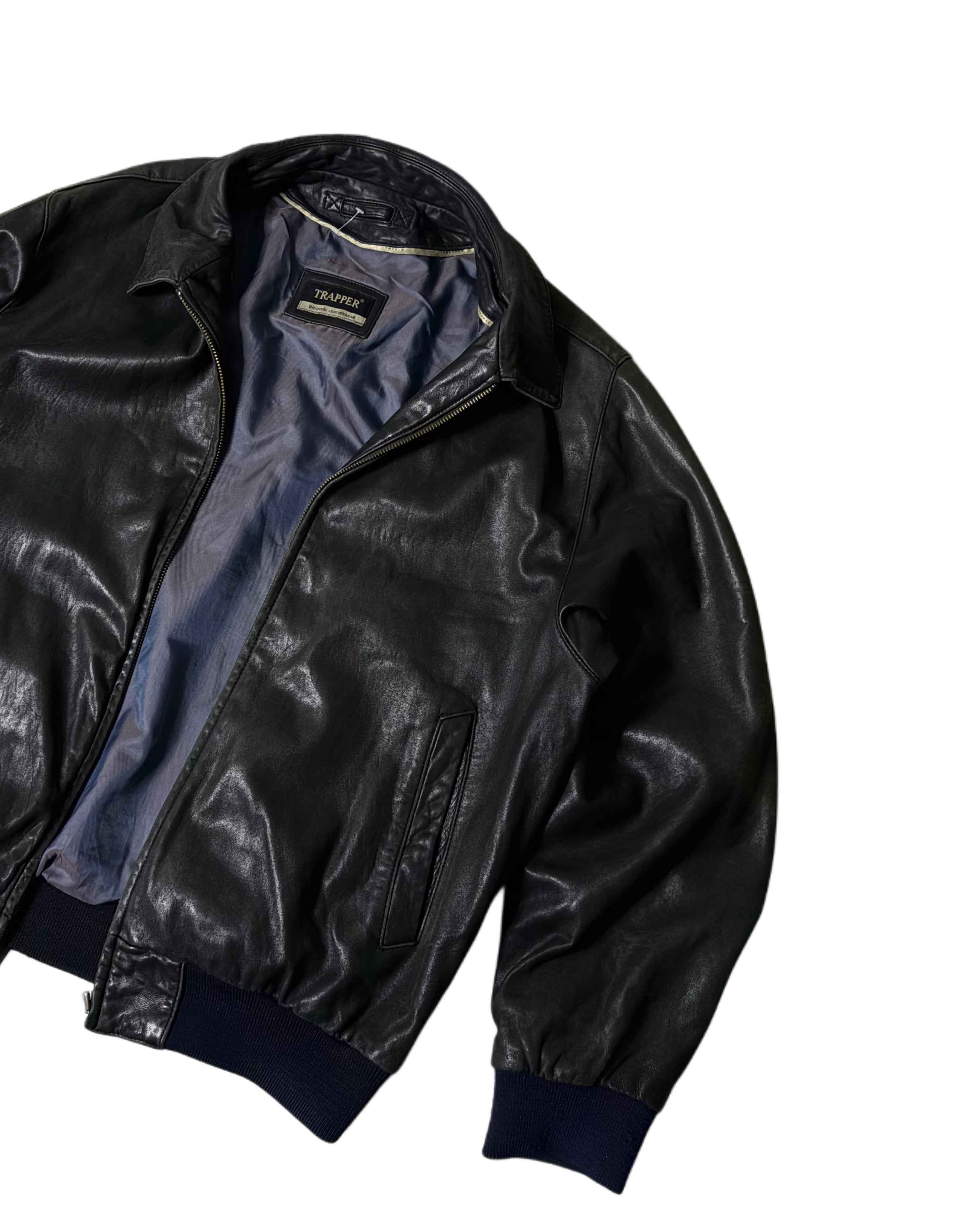 Vintage Trapper Leather Coat Black (L) - Gods Thrift Athens