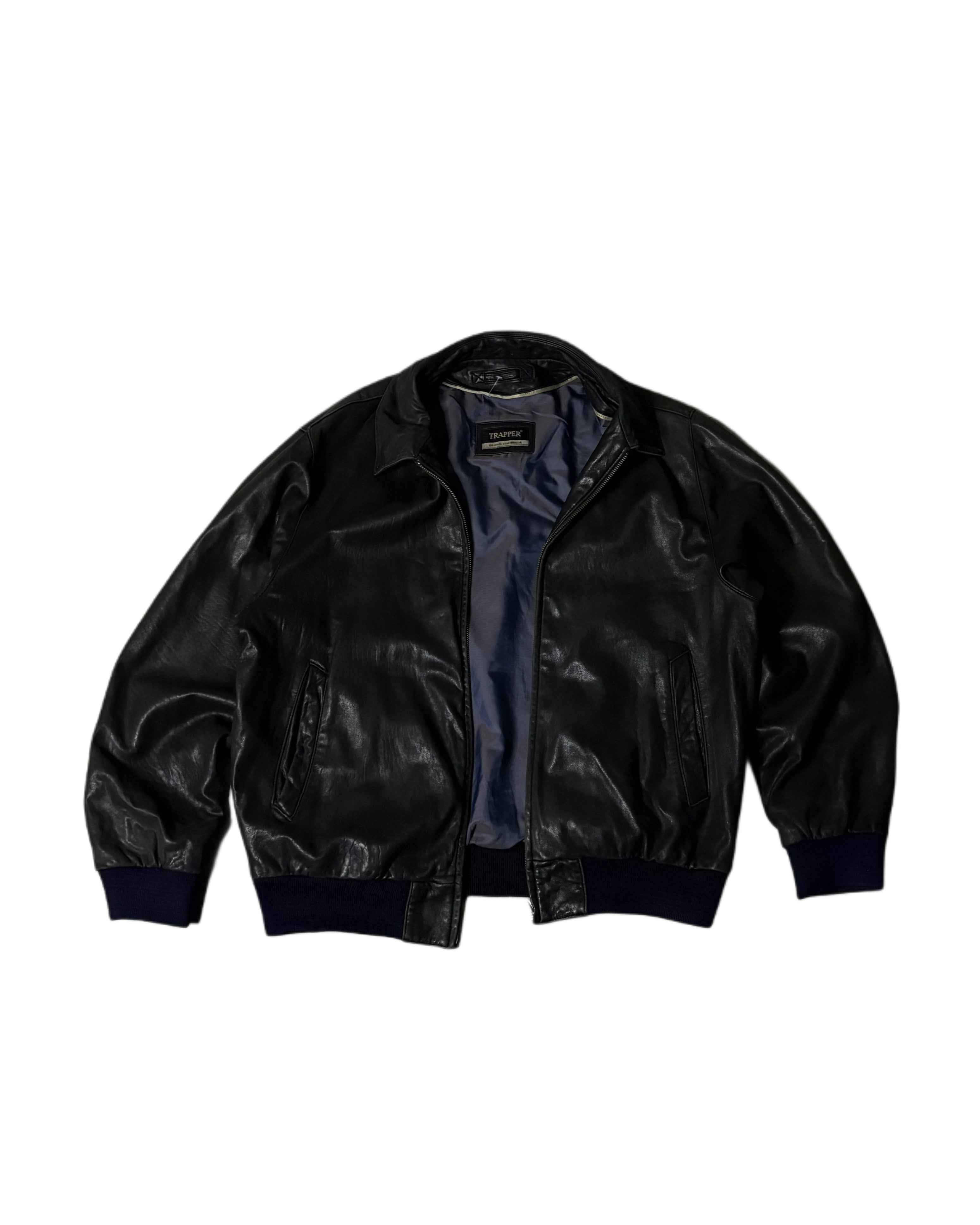Vintage Trapper Leather Coat Black (L) - Gods Thrift Athens