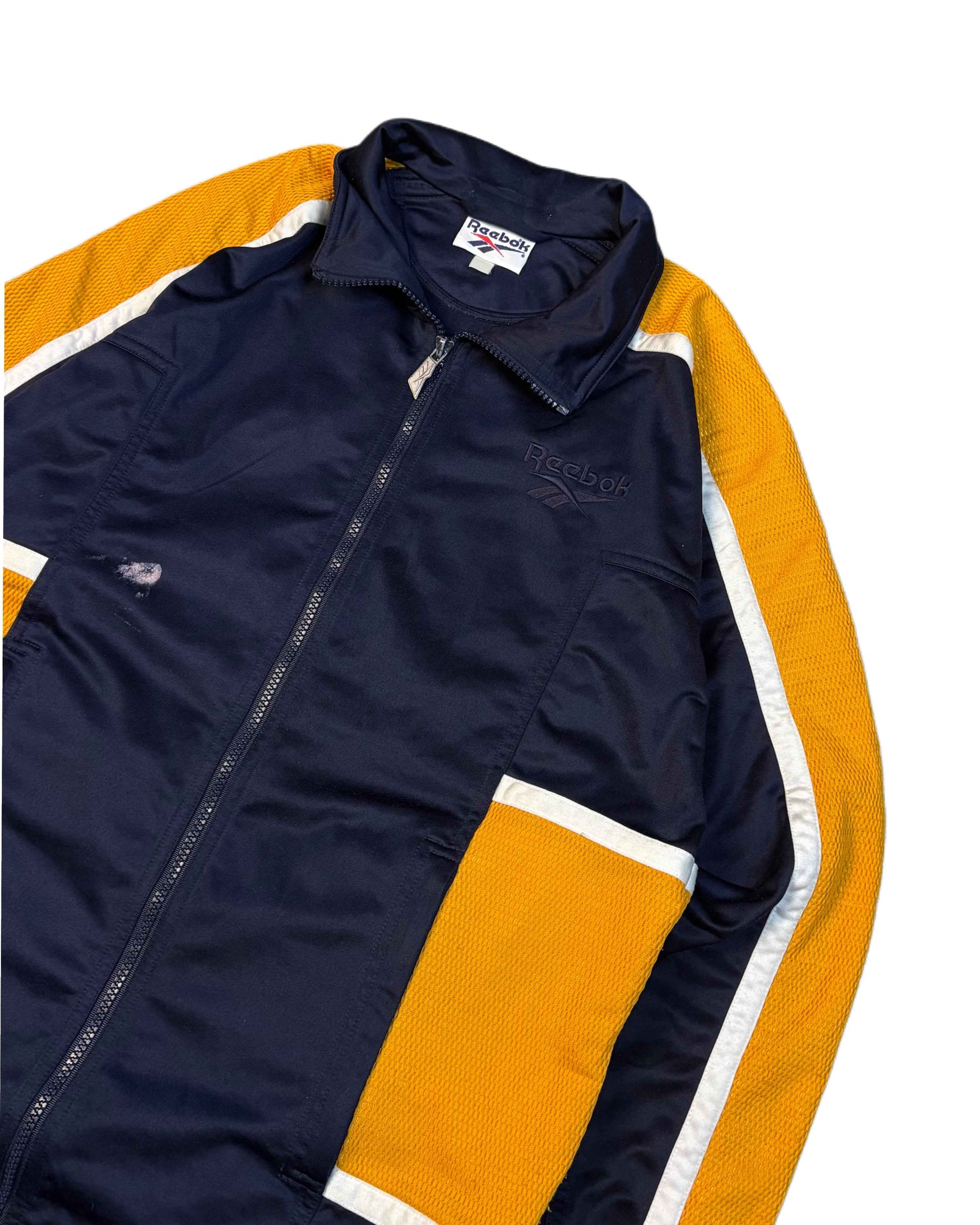 Vintage Reebok Jacket Navy Blue - Yellow (M) - Gods Thrift Athens