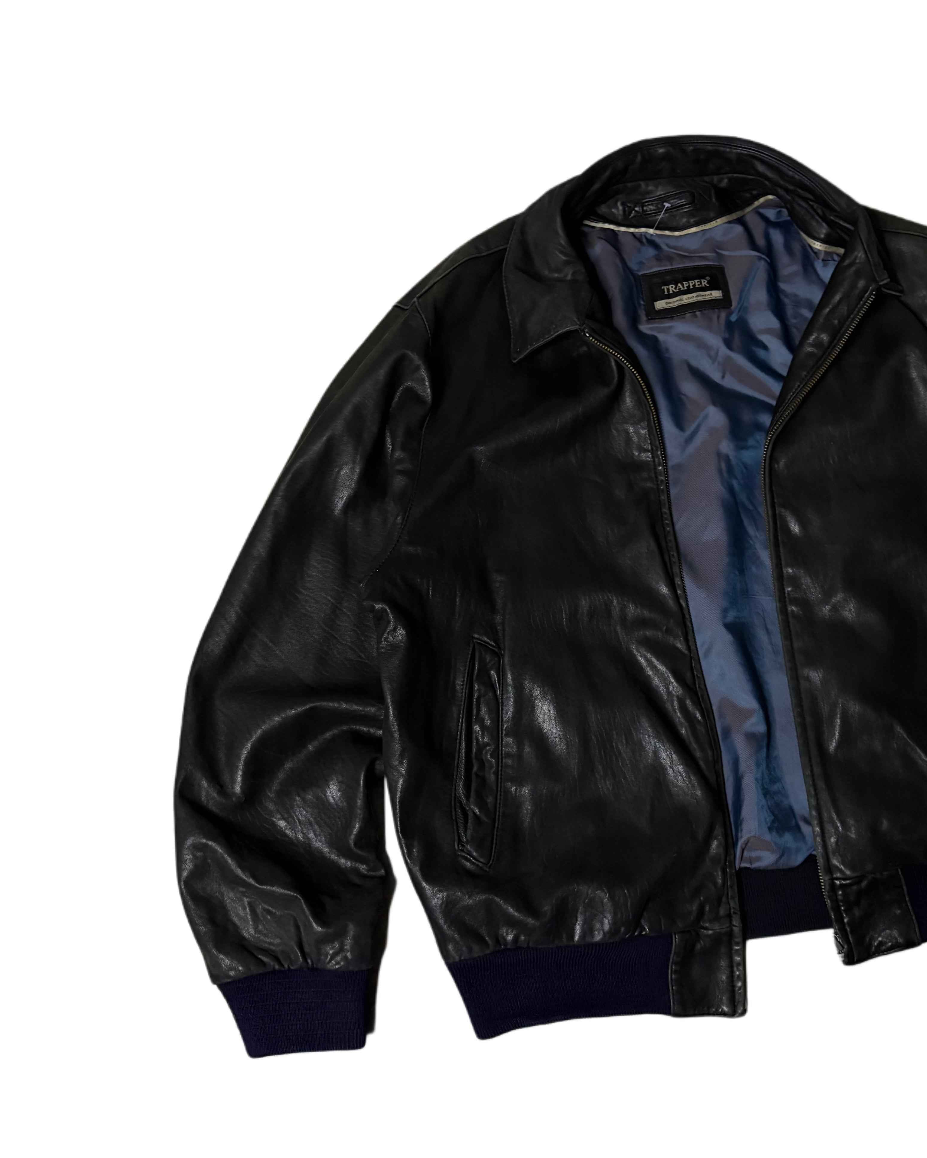 Vintage Trapper Leather Coat Black (L) - Gods Thrift Athens