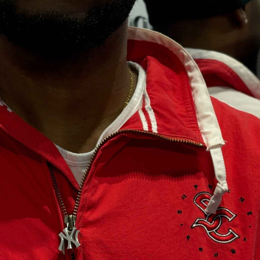 Gods Thrift x Yours Truly Nike Supreme Court Jacket – Custom 18g Silver Zip-Up Red (L) - Gods Thrift Athens