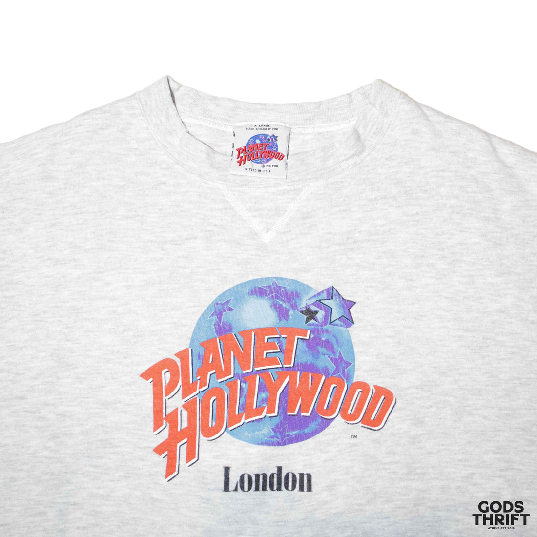 Planet Hollywood crewneck in grey marl (L) - Gods Thrift Athens