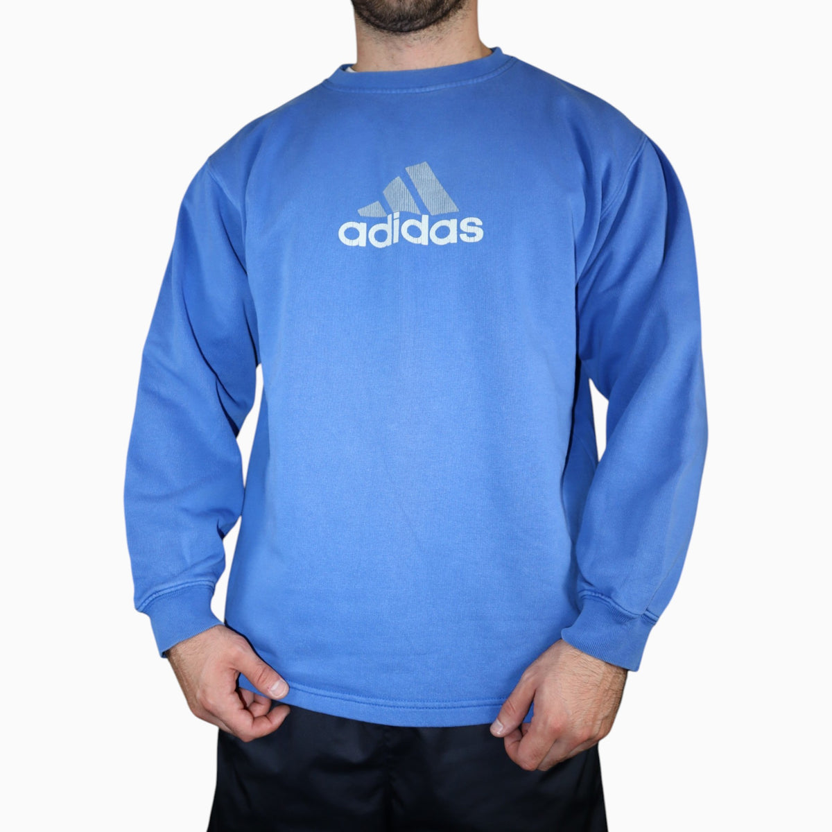 Vintage 90s Adidas Centre Logo Crewneck | Sky Blue | Size S