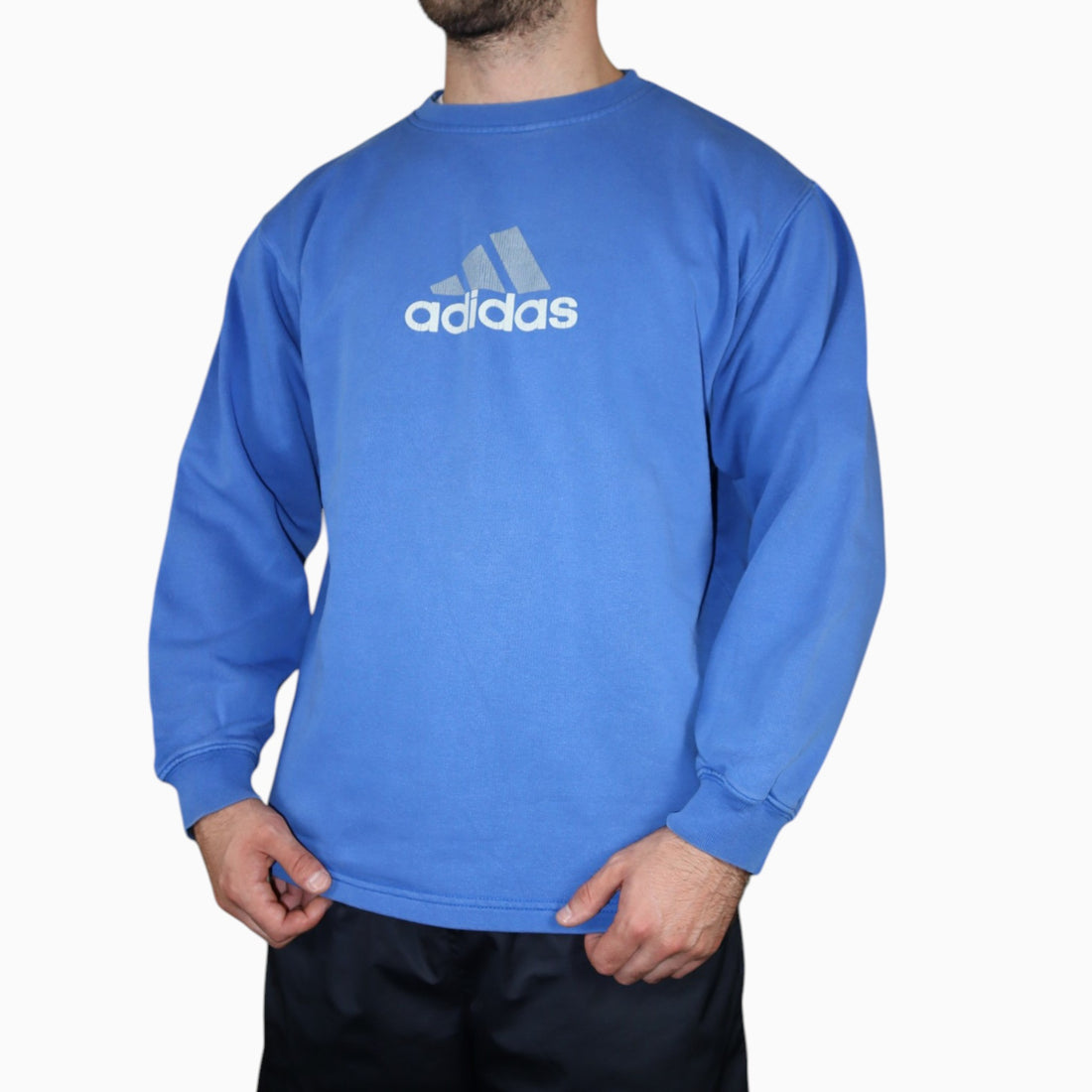 Vintage 90s Adidas Centre Logo Crewneck | Sky Blue | Size S