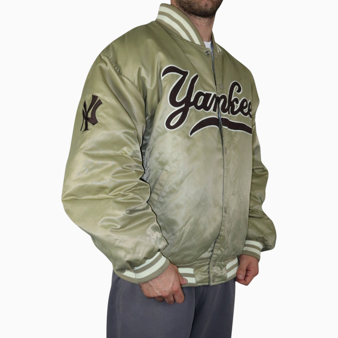 Vintage 90s Starter New York Yankees Satin Bomber Jacket | Tan | Size L