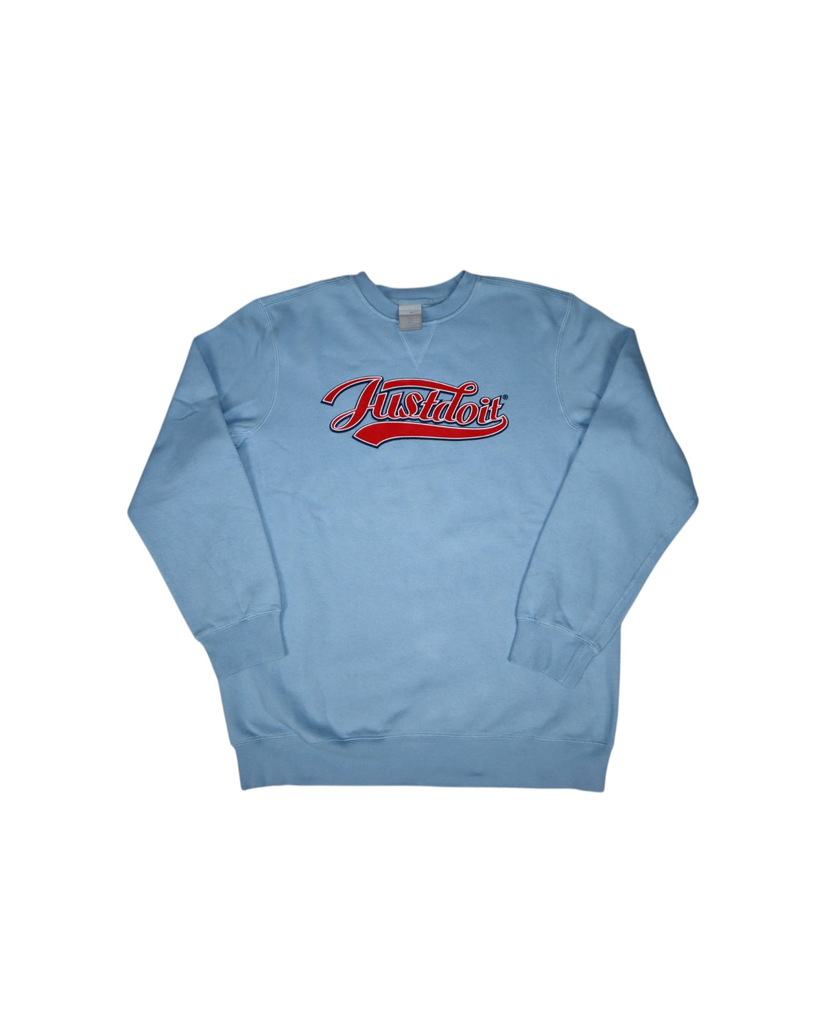 Vintage 2000s Nike Just Do It crewneck, baby blue, flat lay