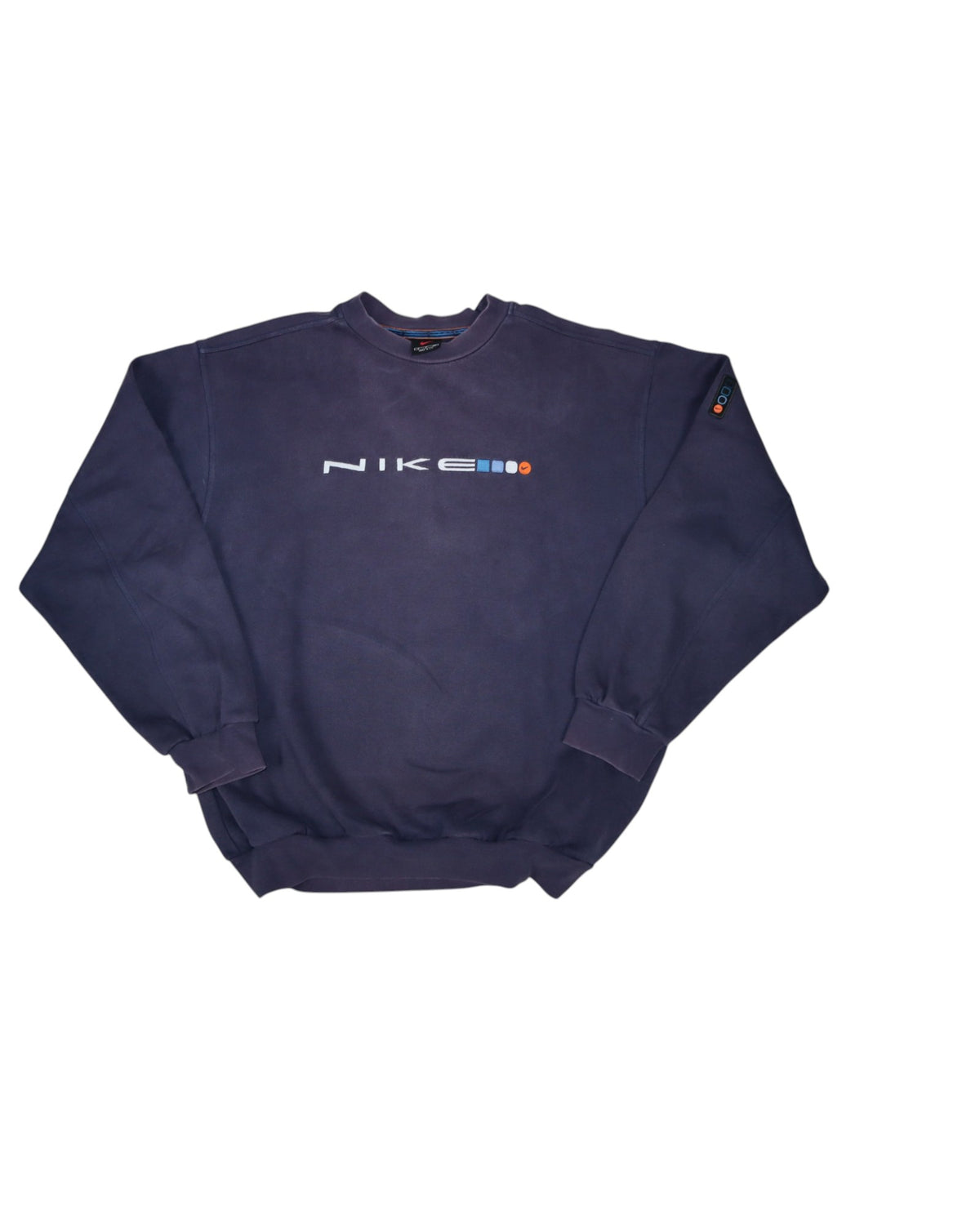 Vintage 90s Nike spell out crewneck, navy, flat lay