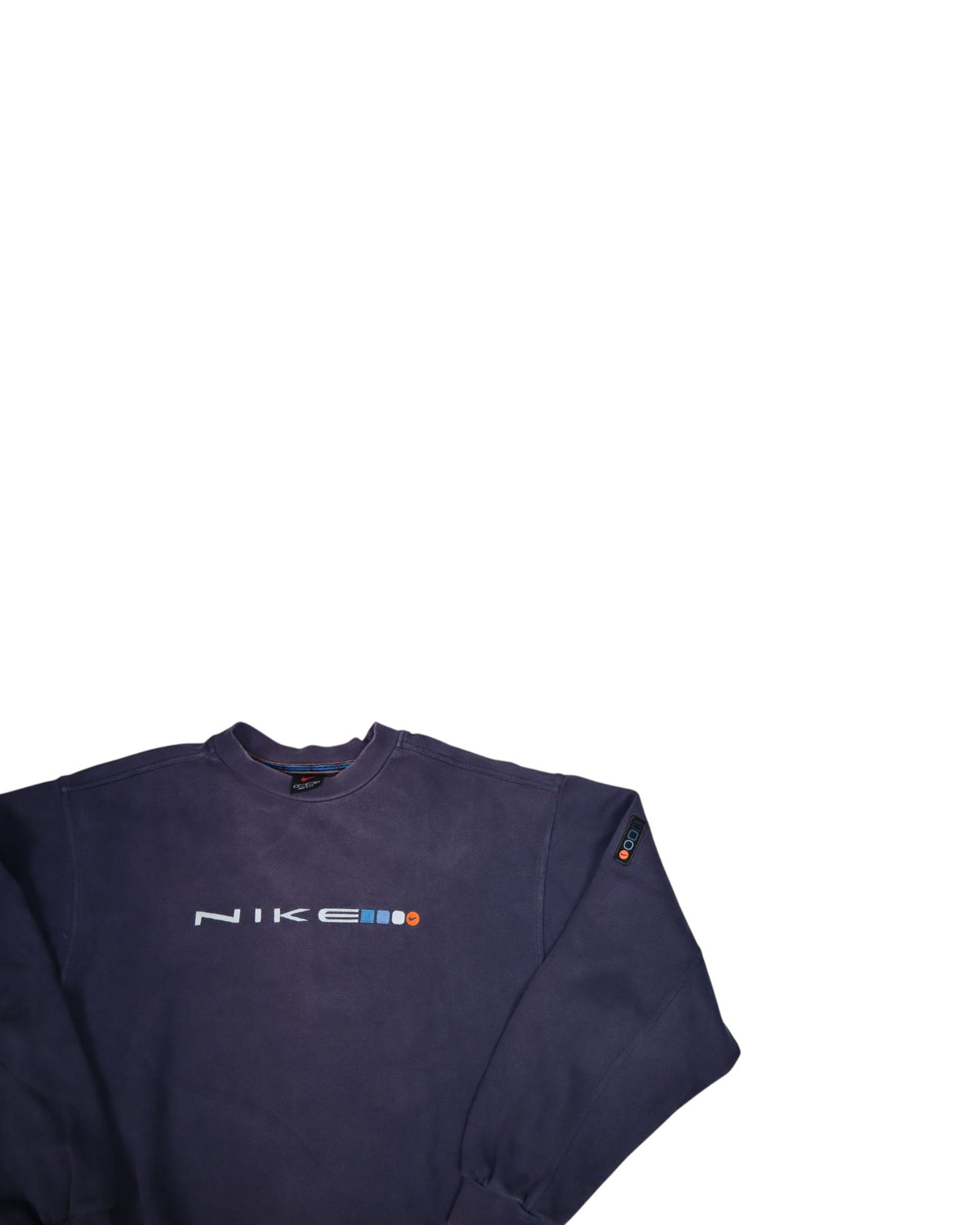 Vintage 90s Nike spell out crewneck, navy, flat lay detail