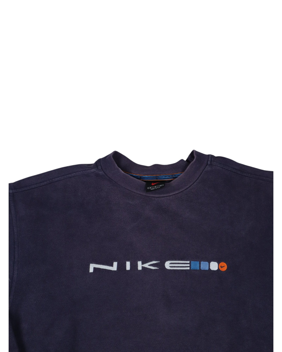 Vintage 90s Nike spell out crewneck, navy, flat lay detail