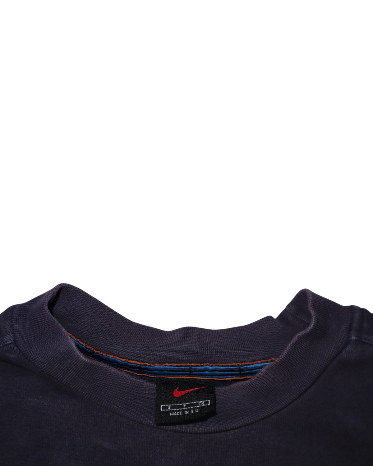 Vintage 90s Nike spell out crewneck, navy, flat lay detail
