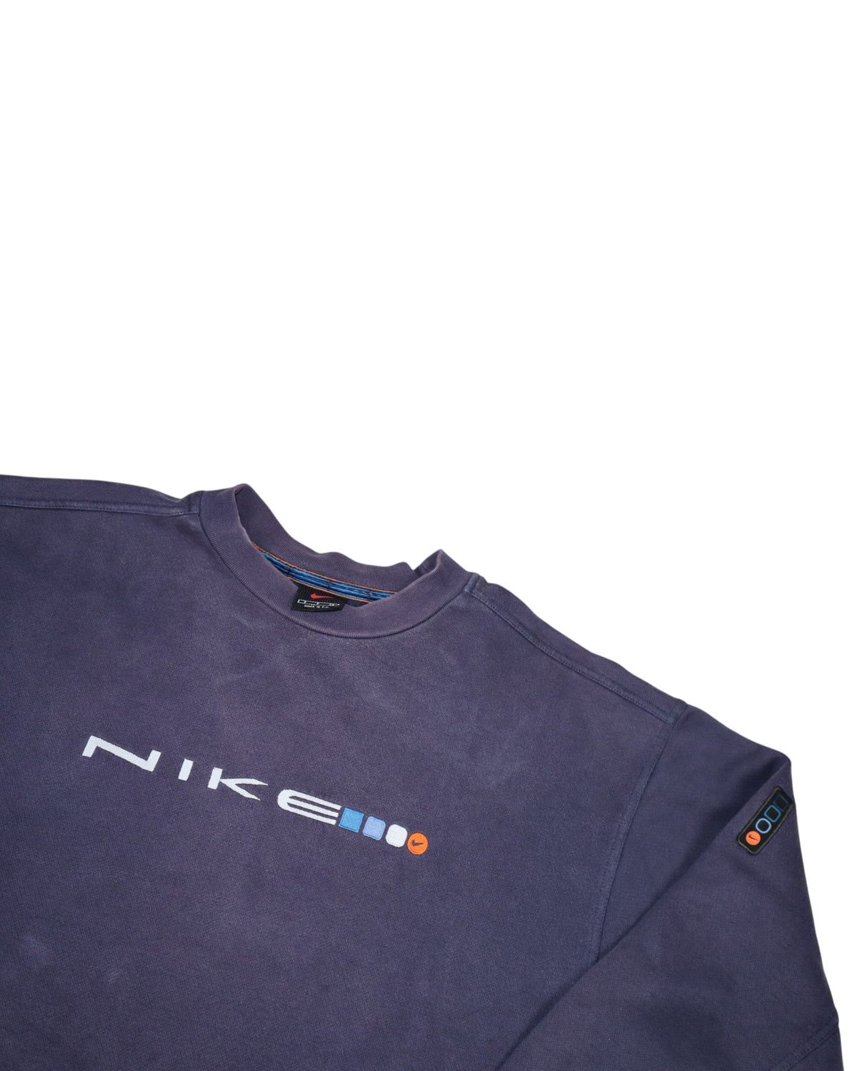 Vintage 90s Nike spell out crewneck, navy, flat lay detail