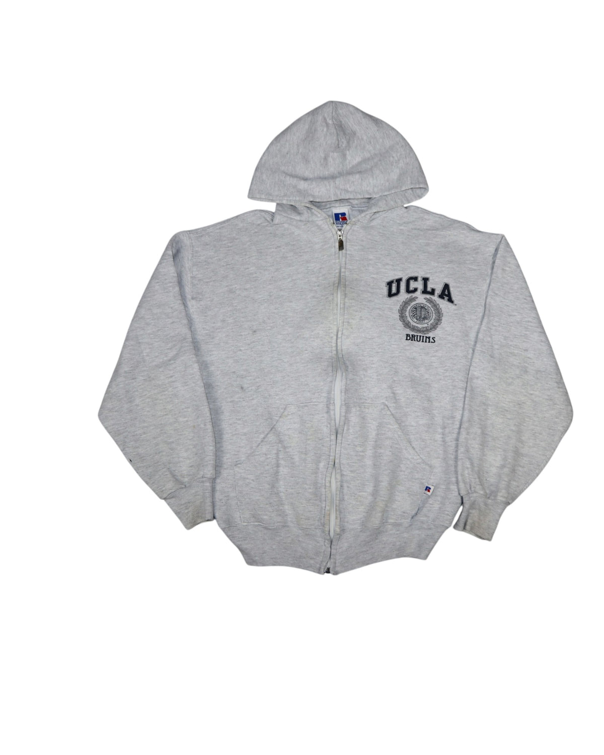 Vintage Russell Athletic UCLA Bruins zip up hoodie, grey, flat lay