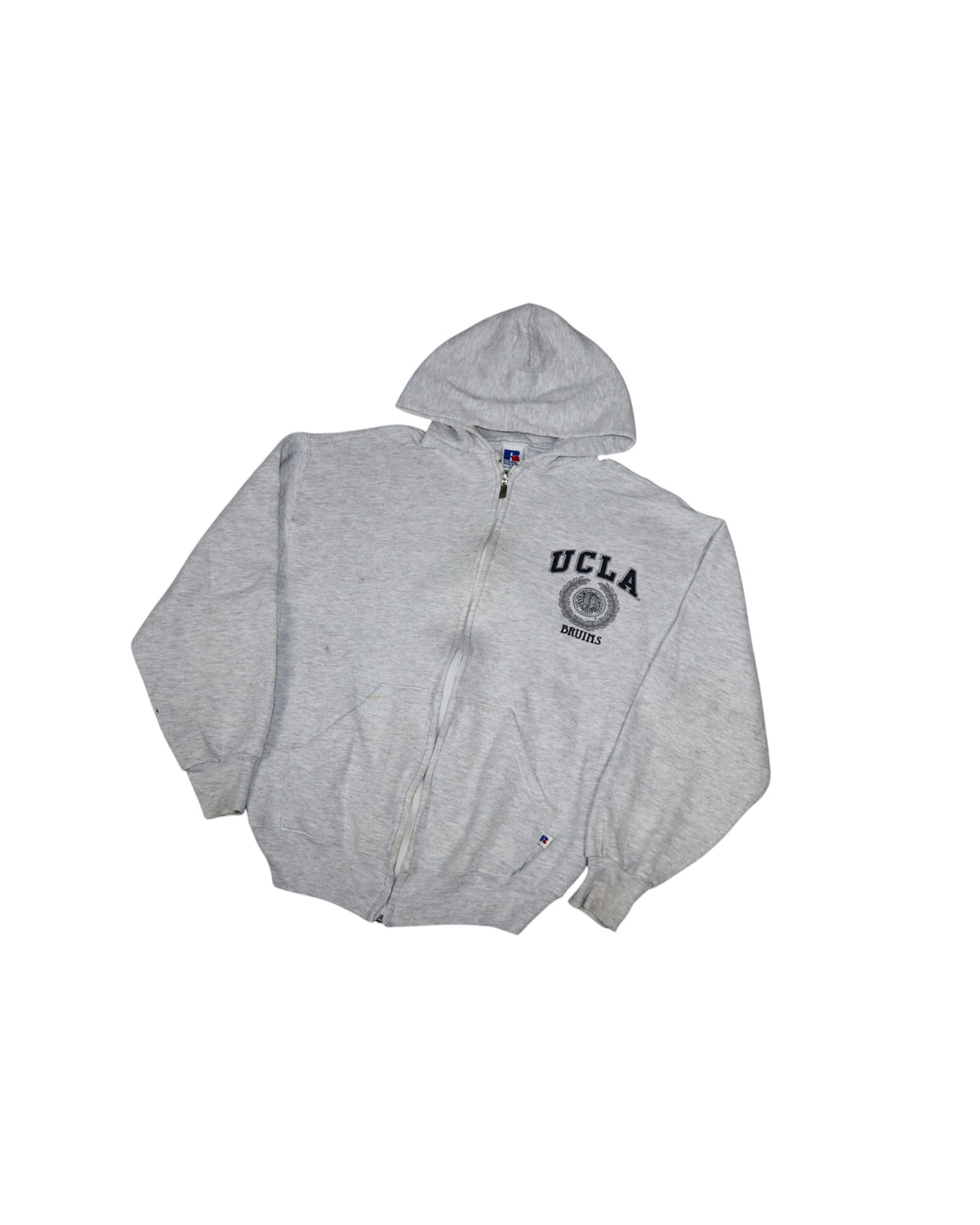 Vintage Russell Athletic UCLA Bruins zip up hoodie, grey, flat lay detail