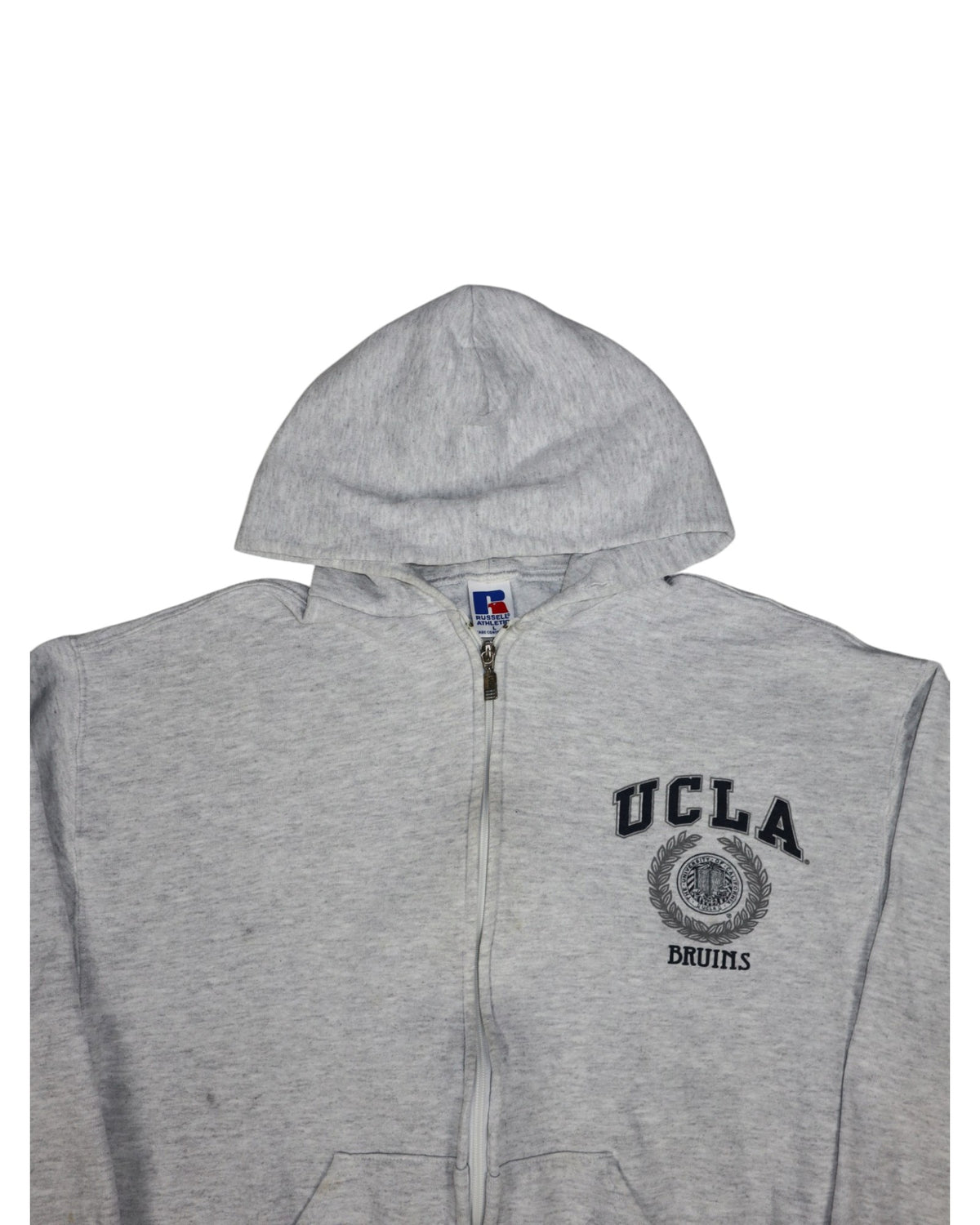 Vintage Russell Athletic UCLA Bruins zip up hoodie, grey, flat lay detail