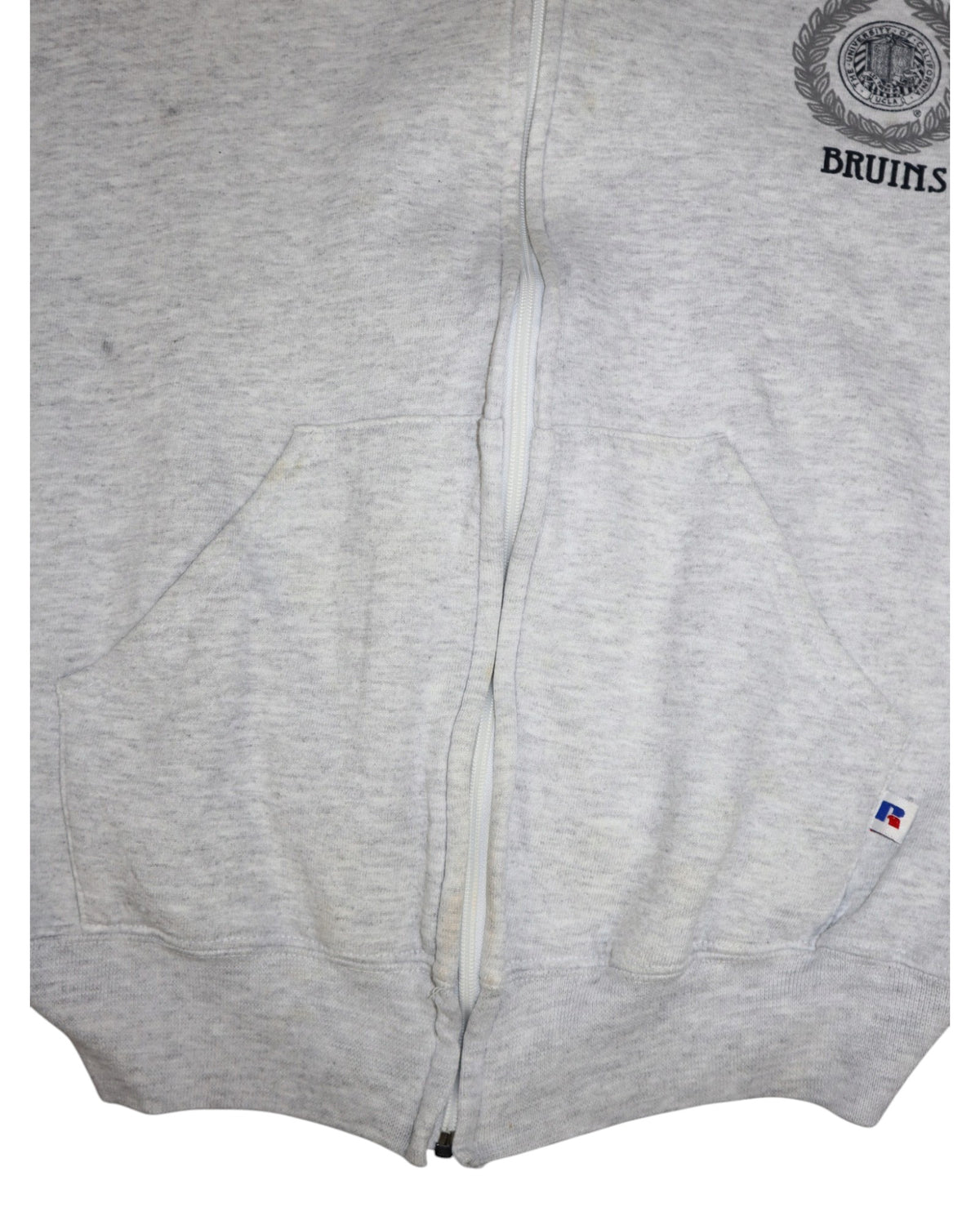 Vintage Russell Athletic UCLA Bruins zip up hoodie, grey, flat lay detail
