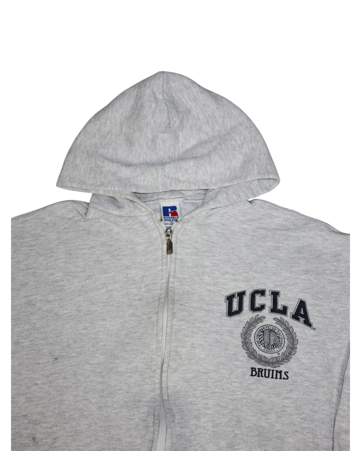 Vintage Russell Athletic UCLA Bruins zip up hoodie, grey, flat lay detail