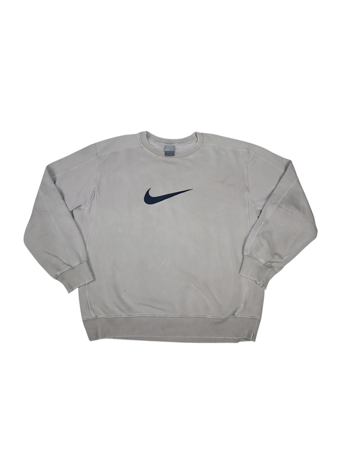 Vintage Nike distressed center swoosh crewneck, cream, flat lay