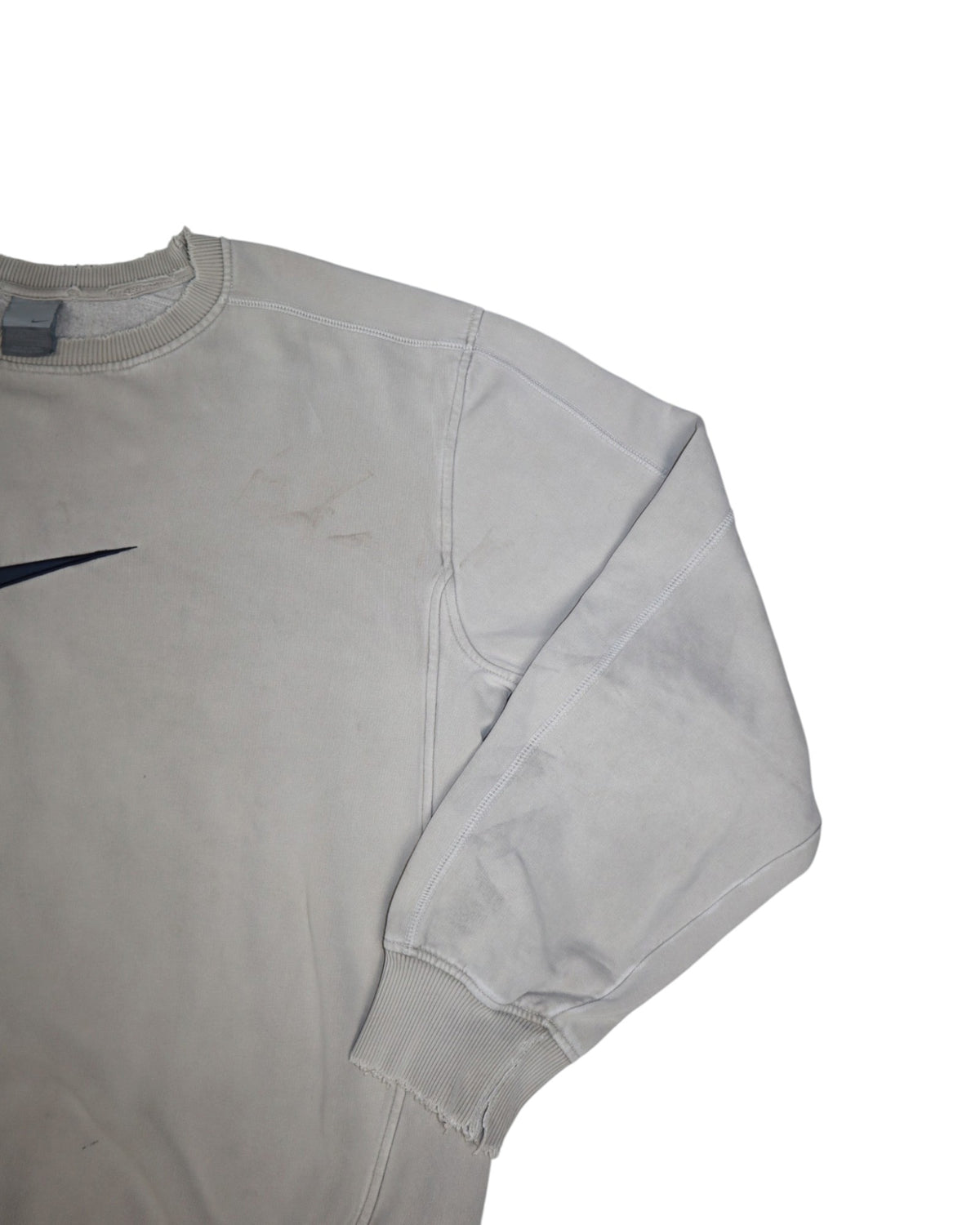 Vintage Nike distressed center swoosh crewneck, cream, flat lay detail