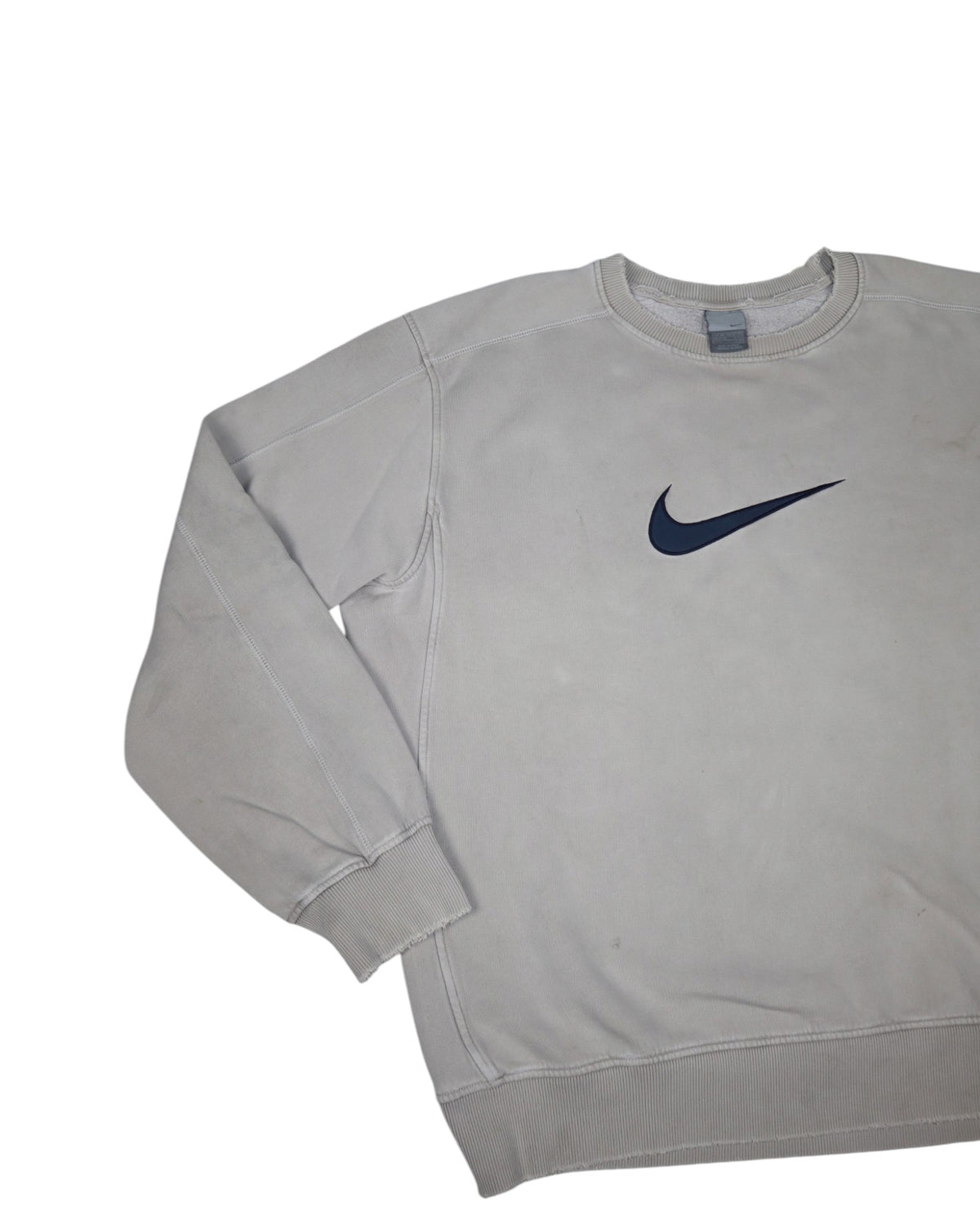 Vintage Nike distressed center swoosh crewneck, cream, flat lay detail