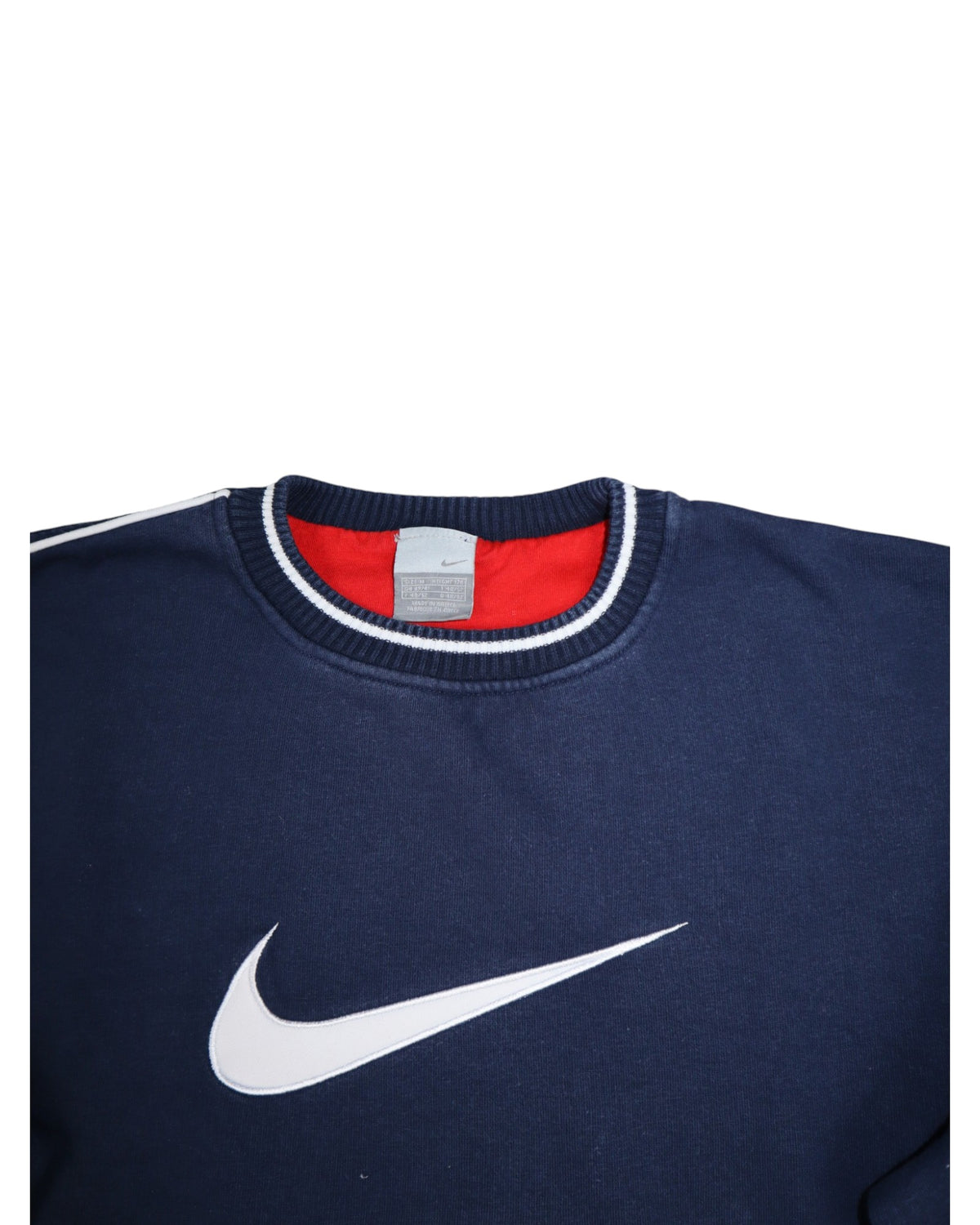 Vintage Nike center swoosh crewneck, navy, flat lay detail