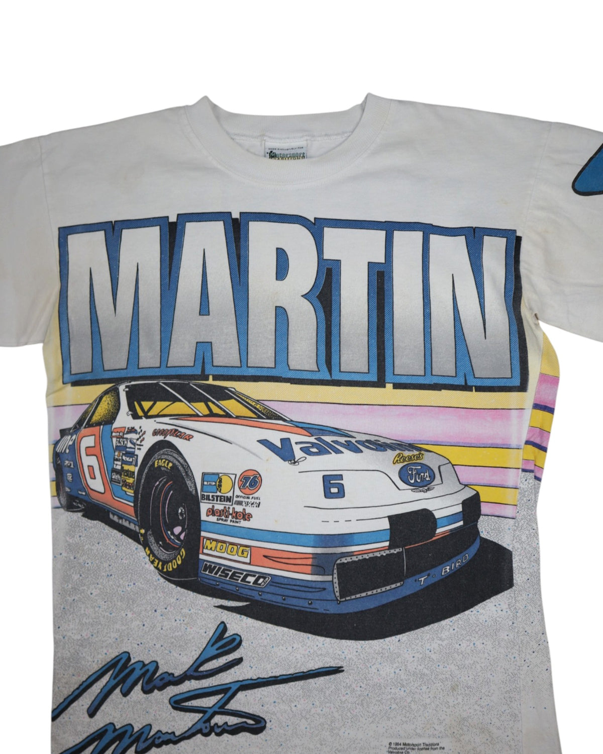 Vintage 1994 NASCAR Mark Martin Valvoline tee, flat lay detail