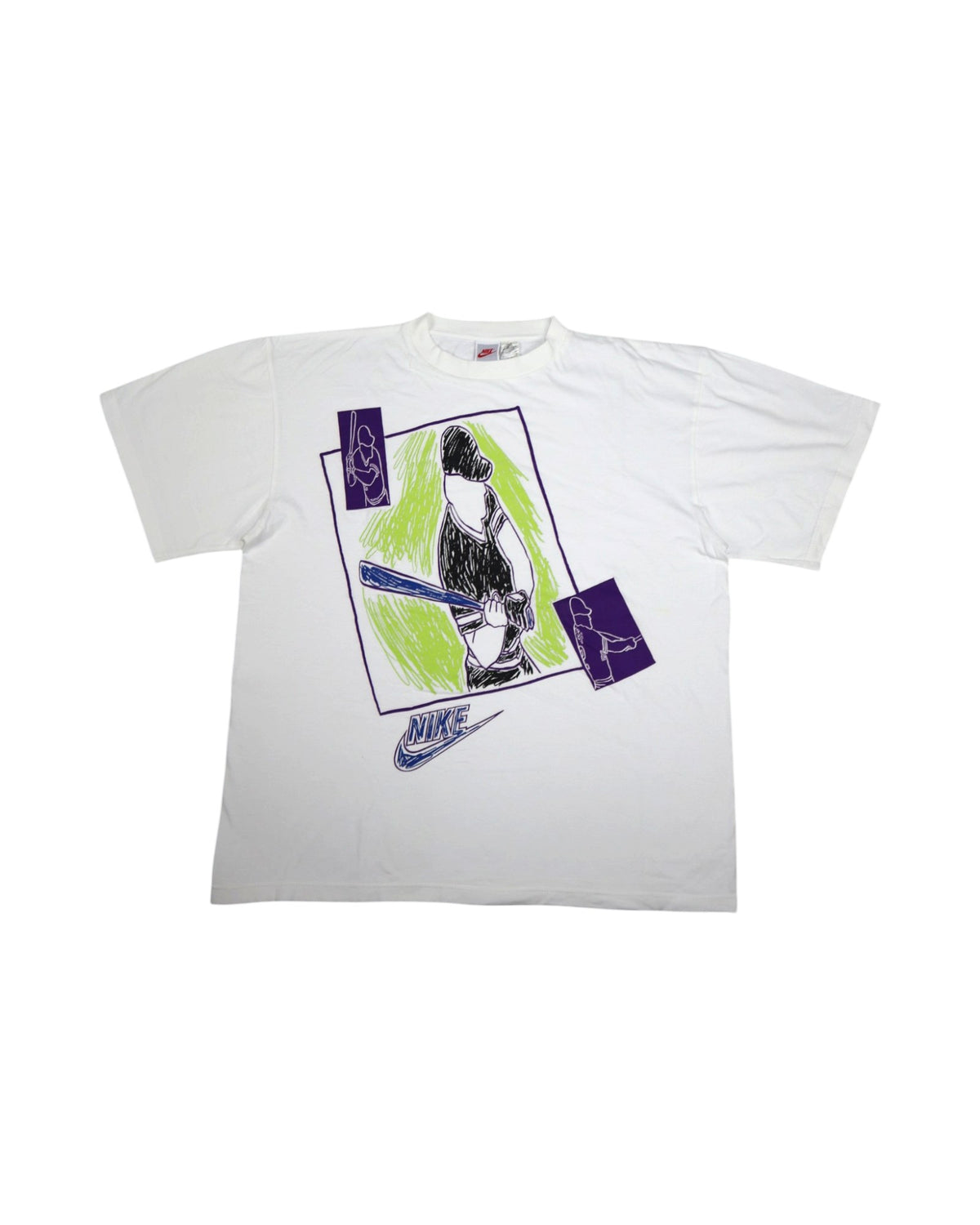 Vintage early 90s Nike baseball graphic tee, white, flat lay