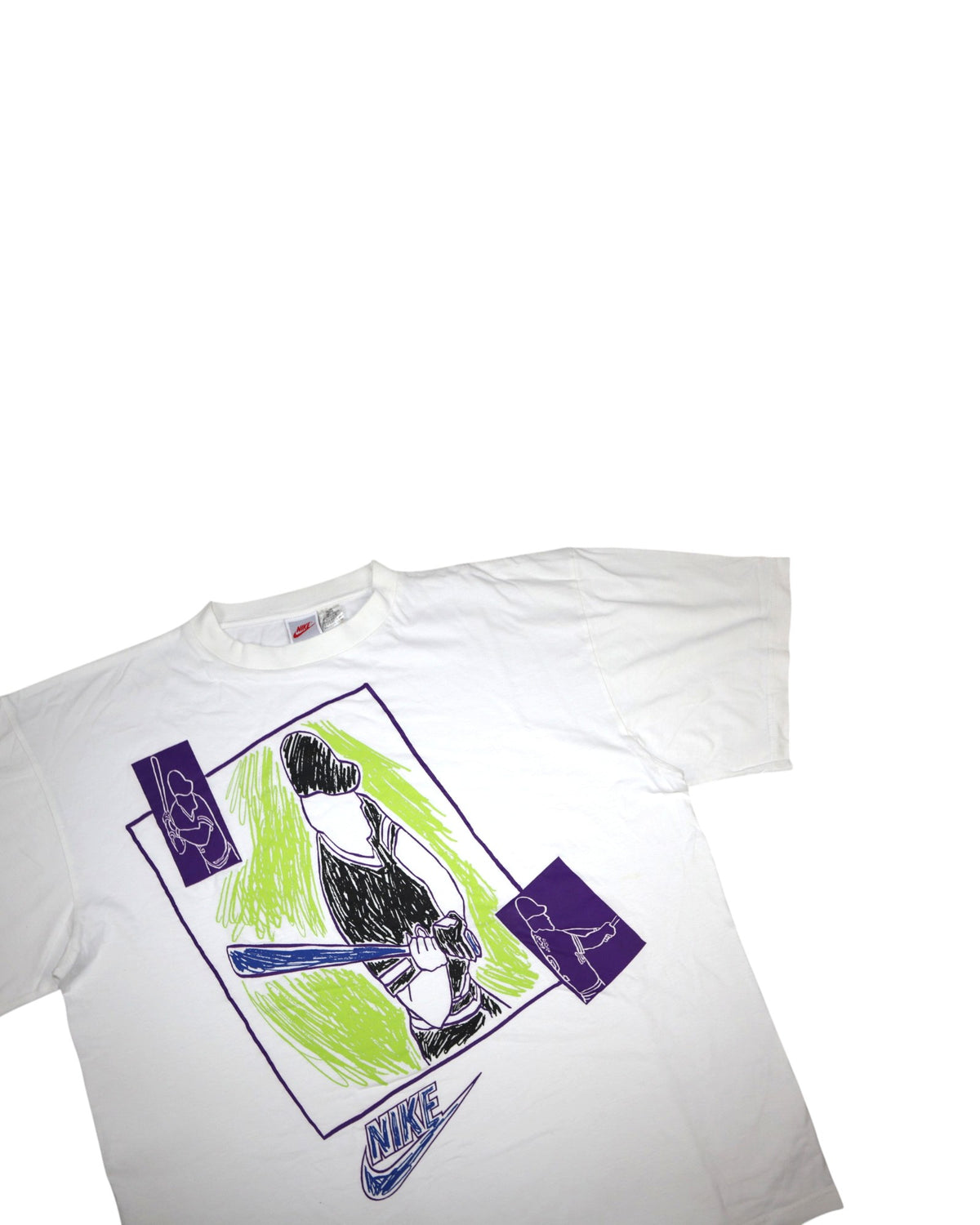 Vintage early 90s Nike baseball graphic tee, white, flat lay detail
