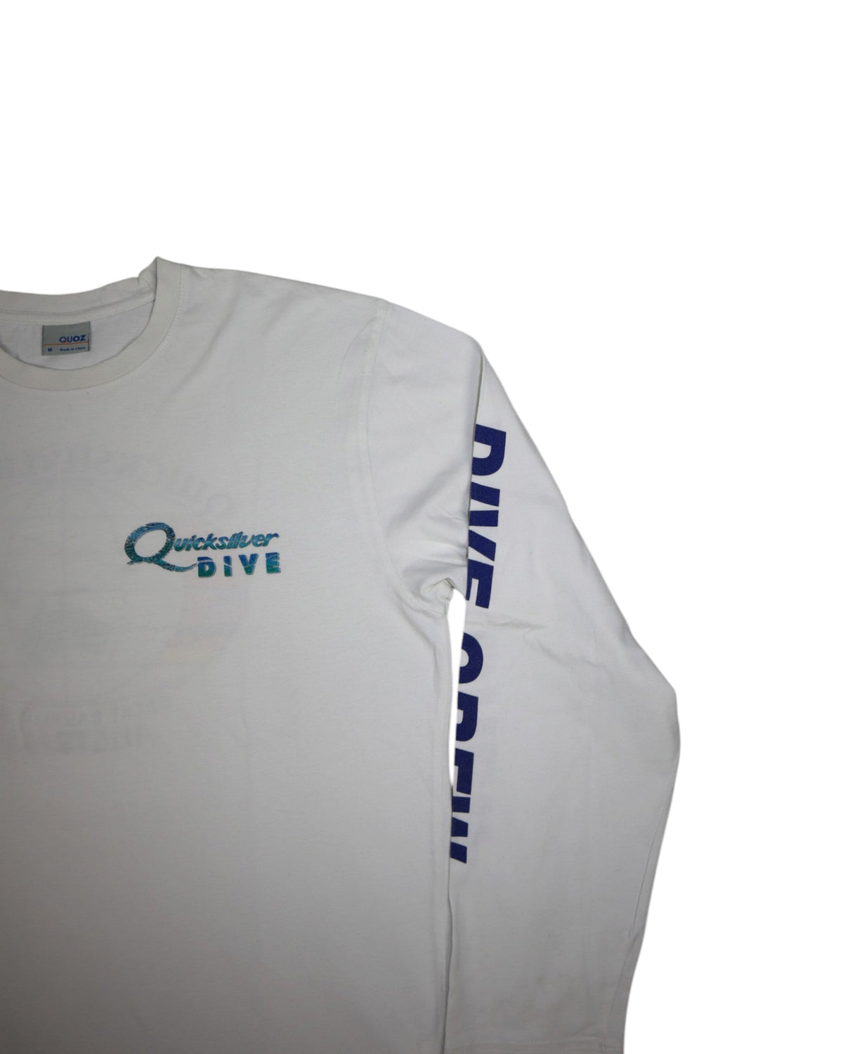 Vintage Quicksilver Dive Crew long sleeve tee, white, flat lay detail