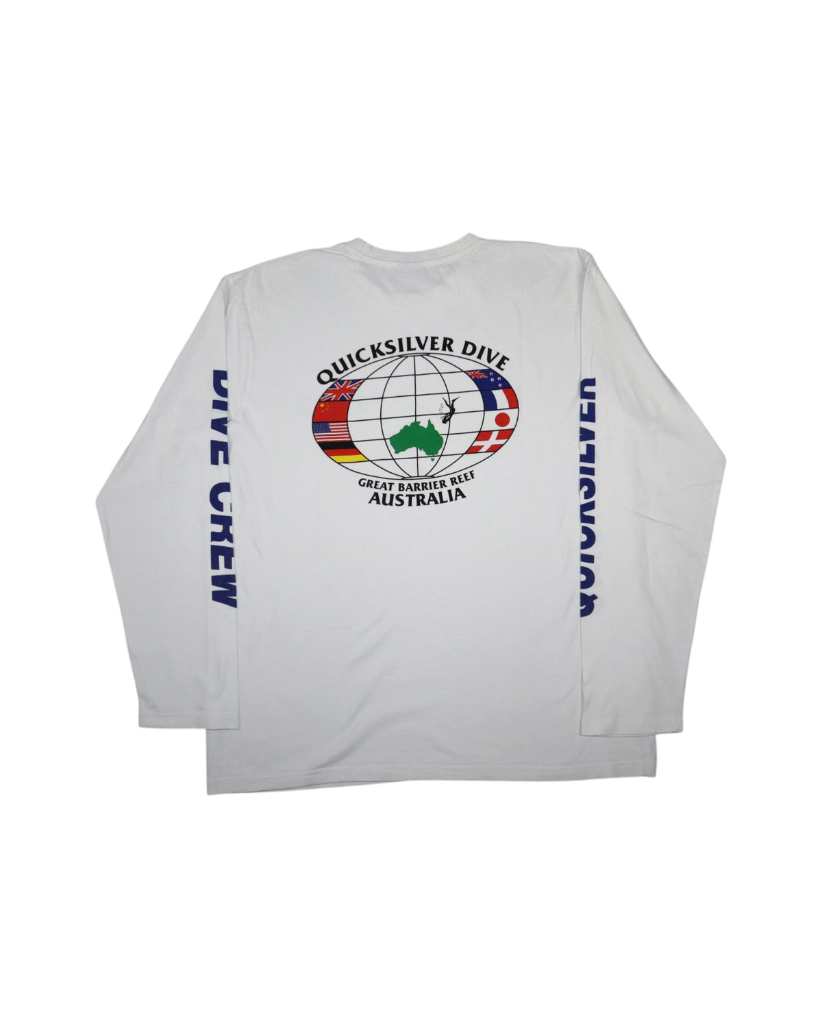 Vintage Quicksilver Dive Crew long sleeve tee, white, flat lay detail