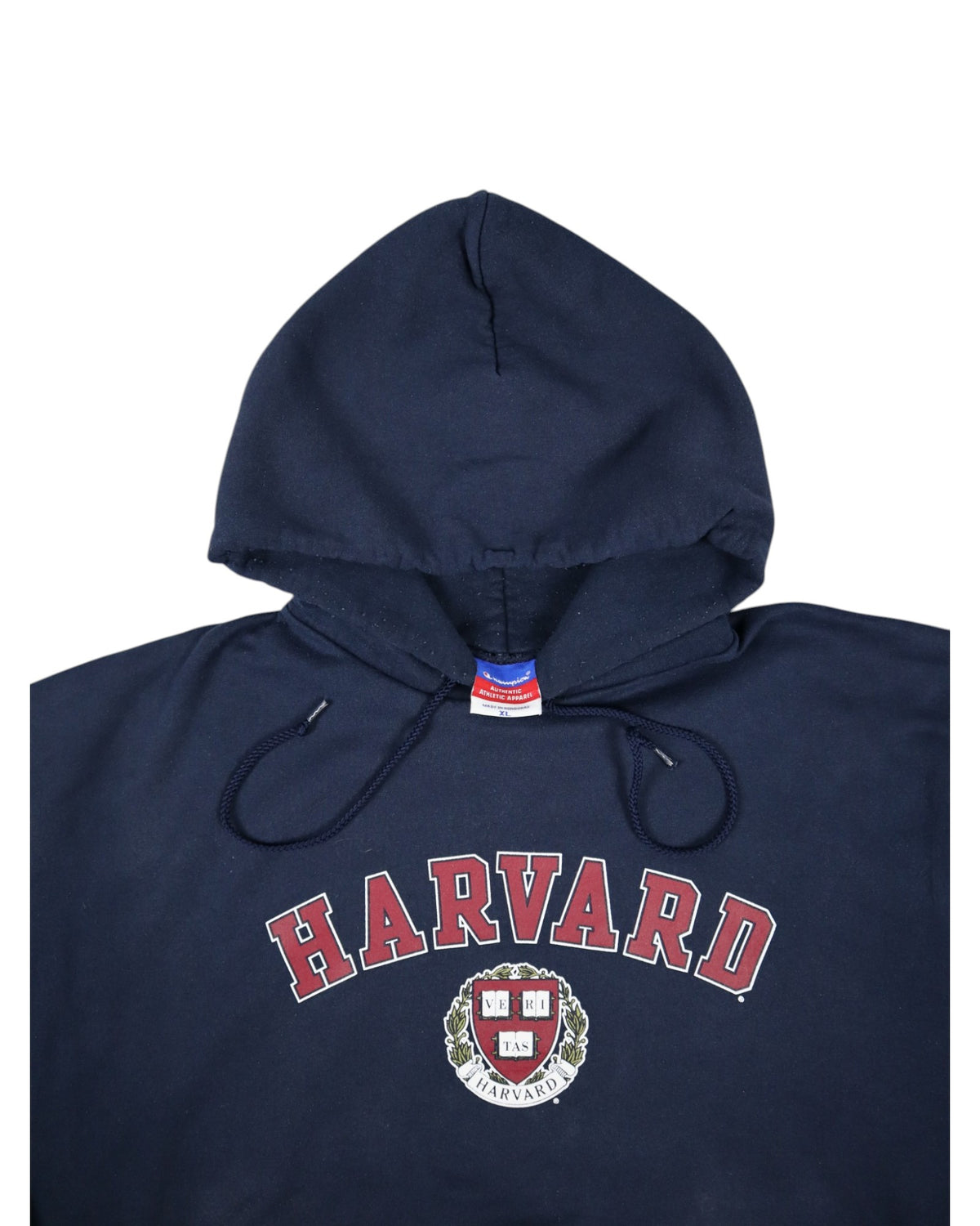 Vintage Champion Harvard University hoodie, navy, flat lay detail