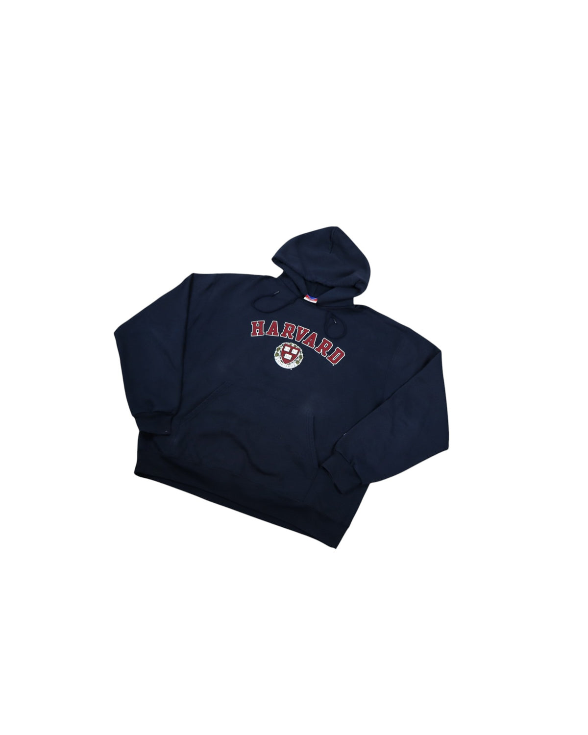 Vintage Champion Harvard University hoodie, navy, flat lay detail