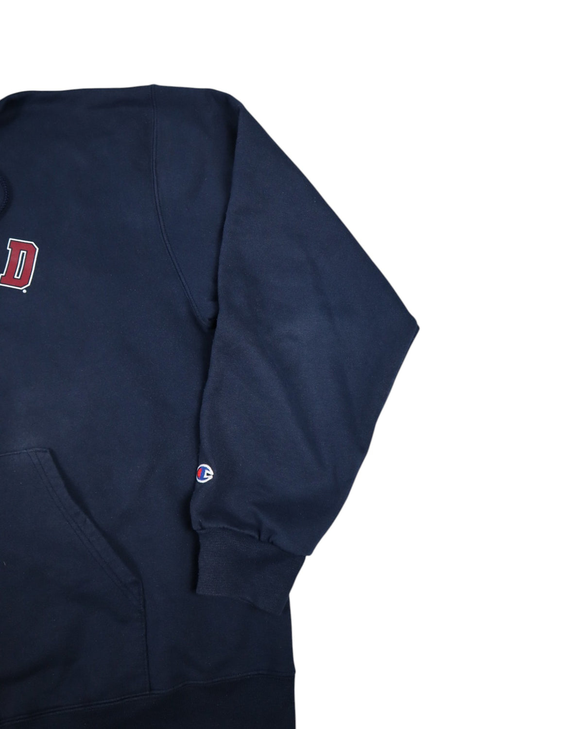 Vintage Champion Harvard University hoodie, navy, flat lay detail