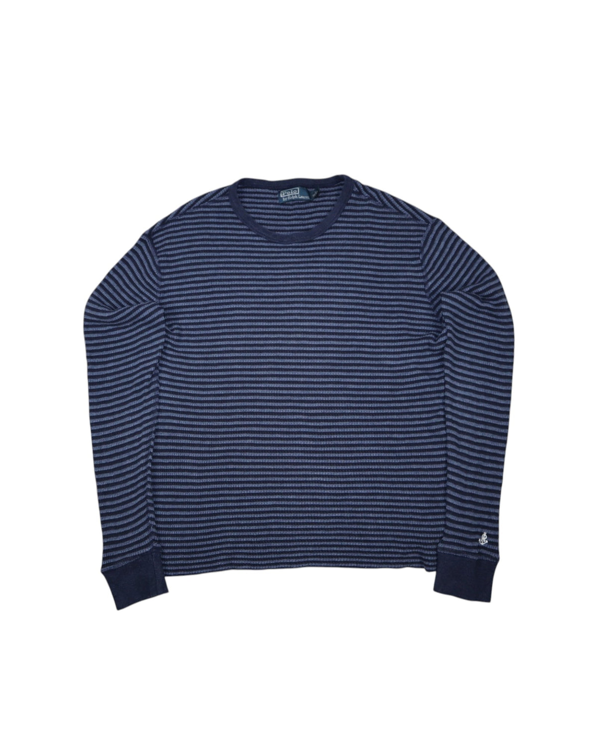 Polo Ralph Lauren cropped waffle knit, navy and blue stripe, flat lay