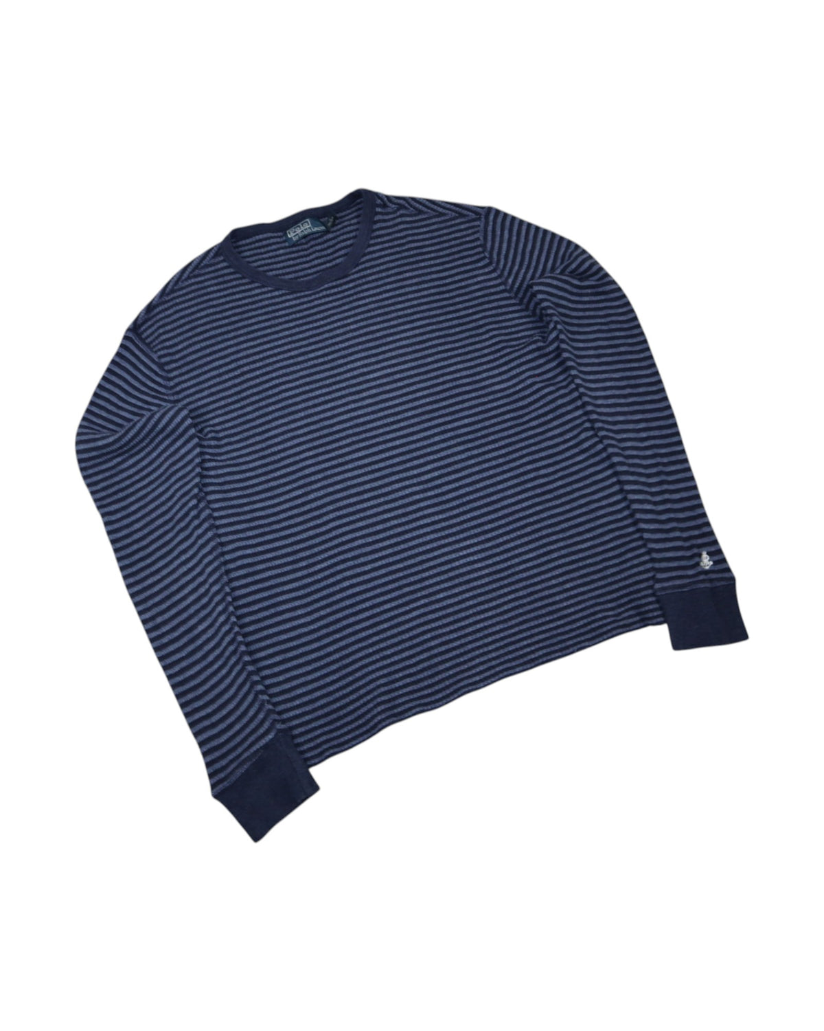 Polo Ralph Lauren cropped waffle knit, navy and blue stripe, flat lay detail