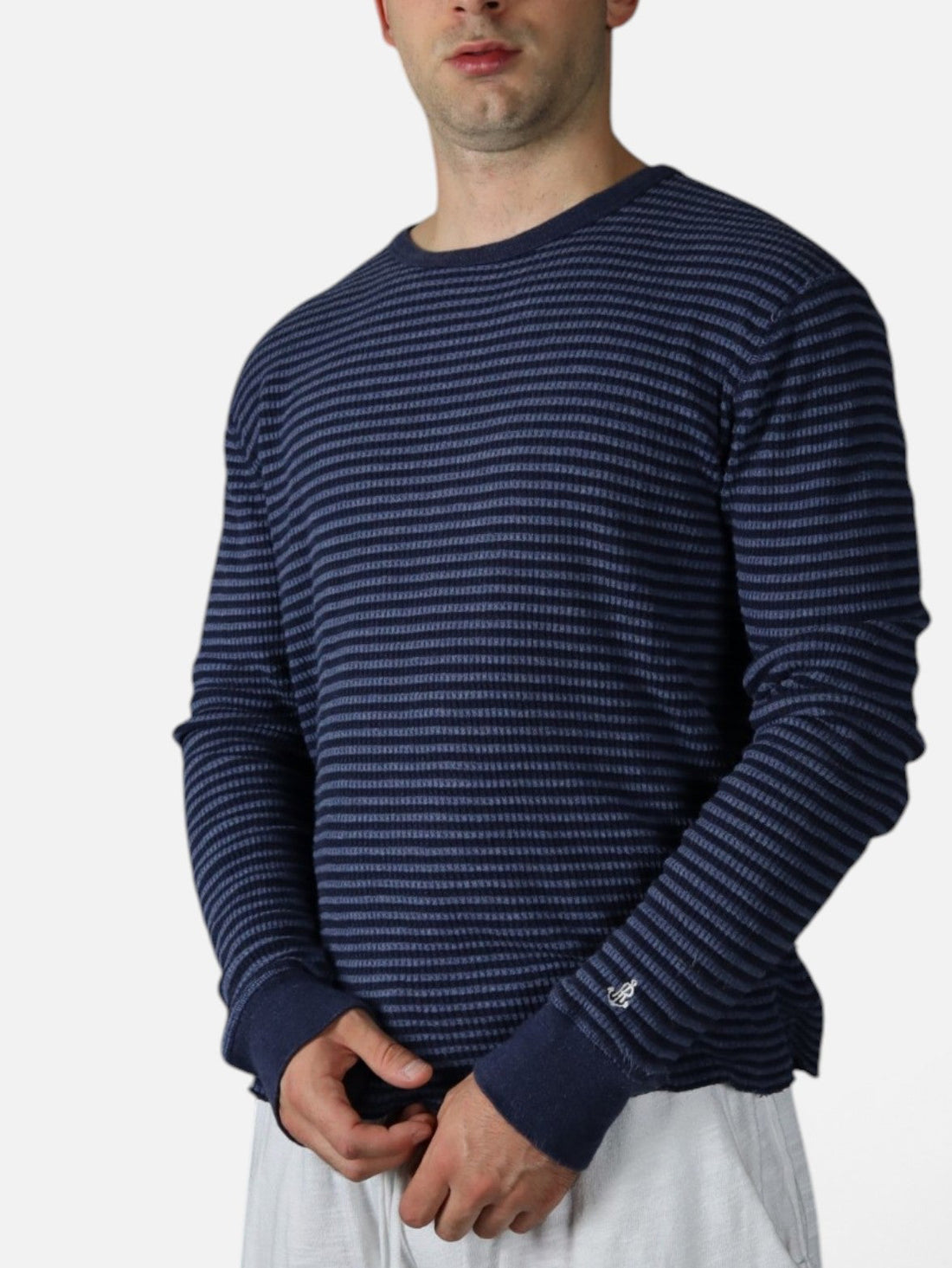 Polo Ralph Lauren cropped waffle knit, navy and blue stripe, worn front