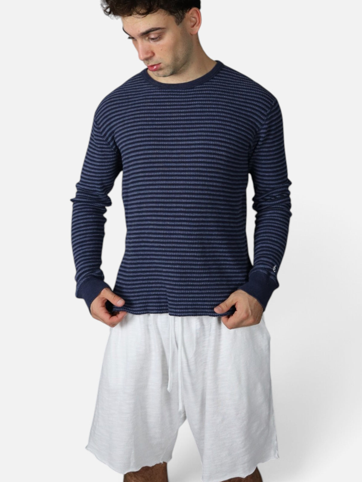 Polo Ralph Lauren cropped waffle knit, navy and blue stripe, worn
