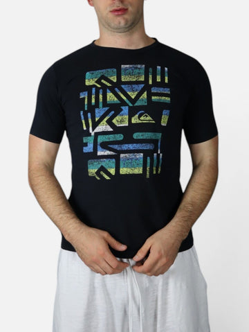 Quiksilver Brazil colourway logo tee, black, worn front