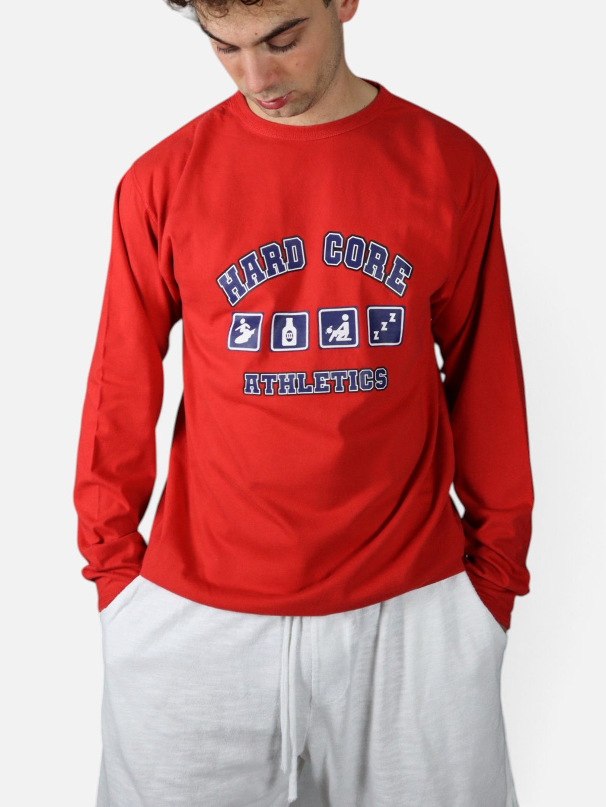 Vintage Hard Core Athletics long sleeve tee, red, worn front