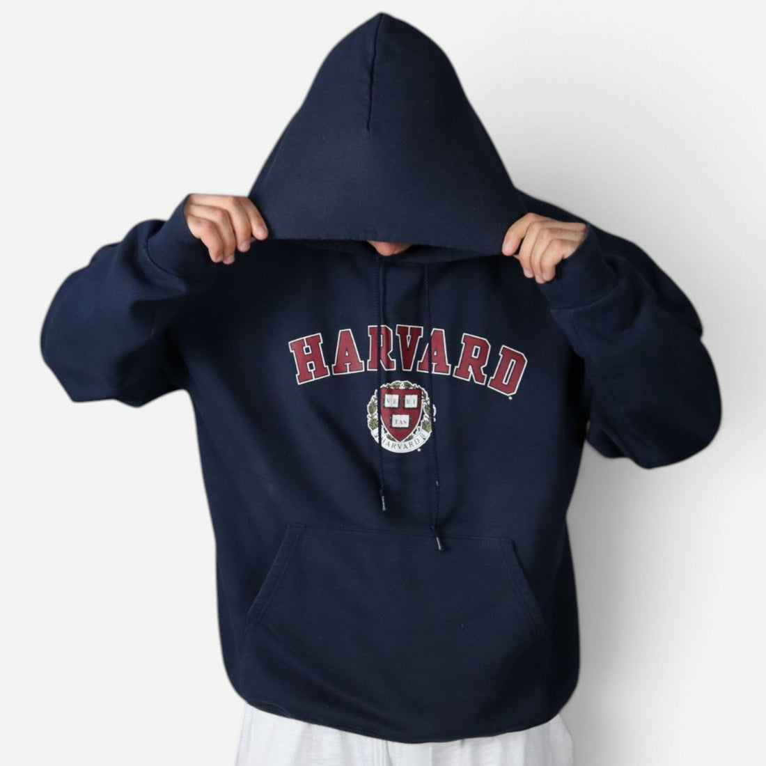 Vintage Champion Harvard University hoodie, navy, worn with hood up