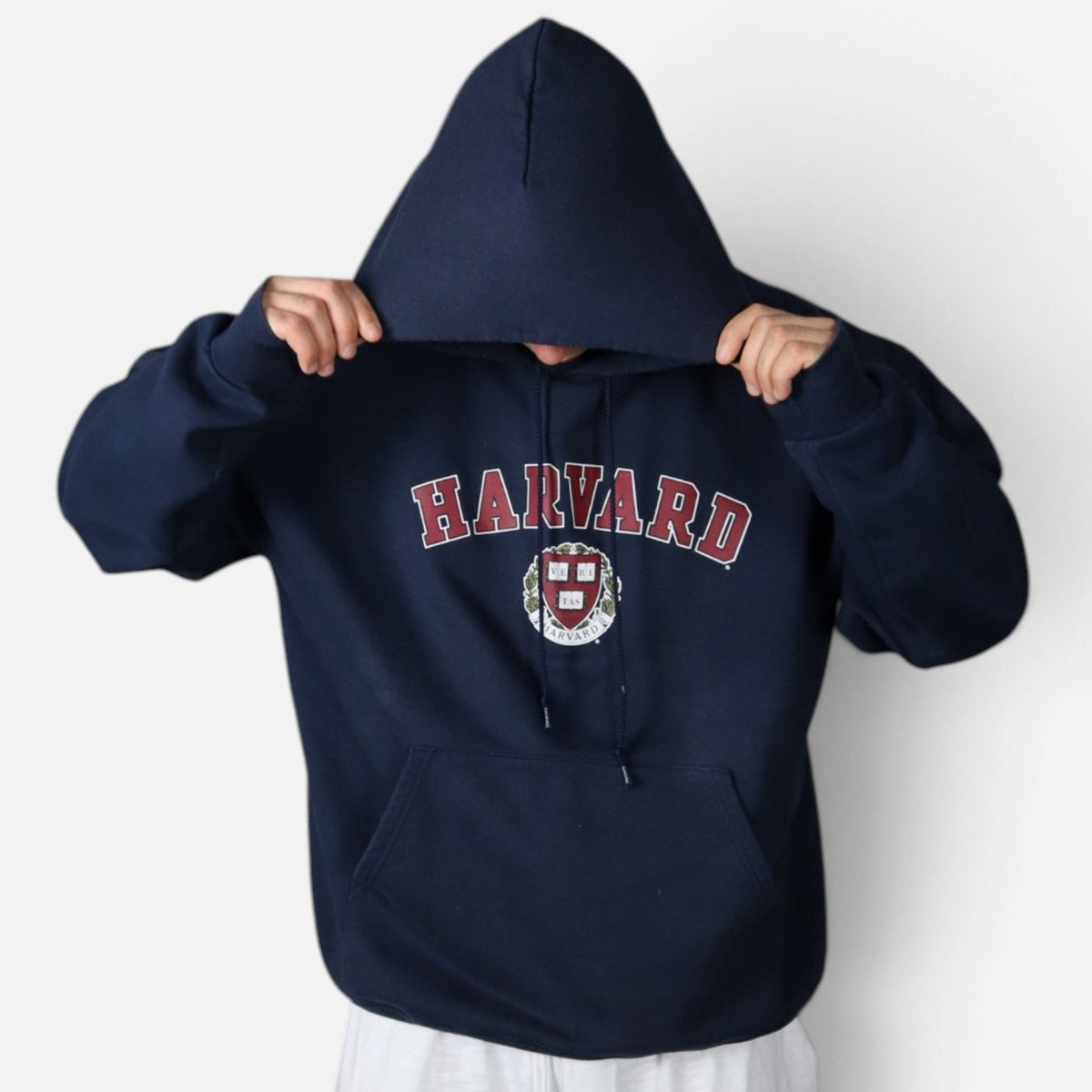 Vintage Champion Harvard University hoodie, navy, worn with hood up