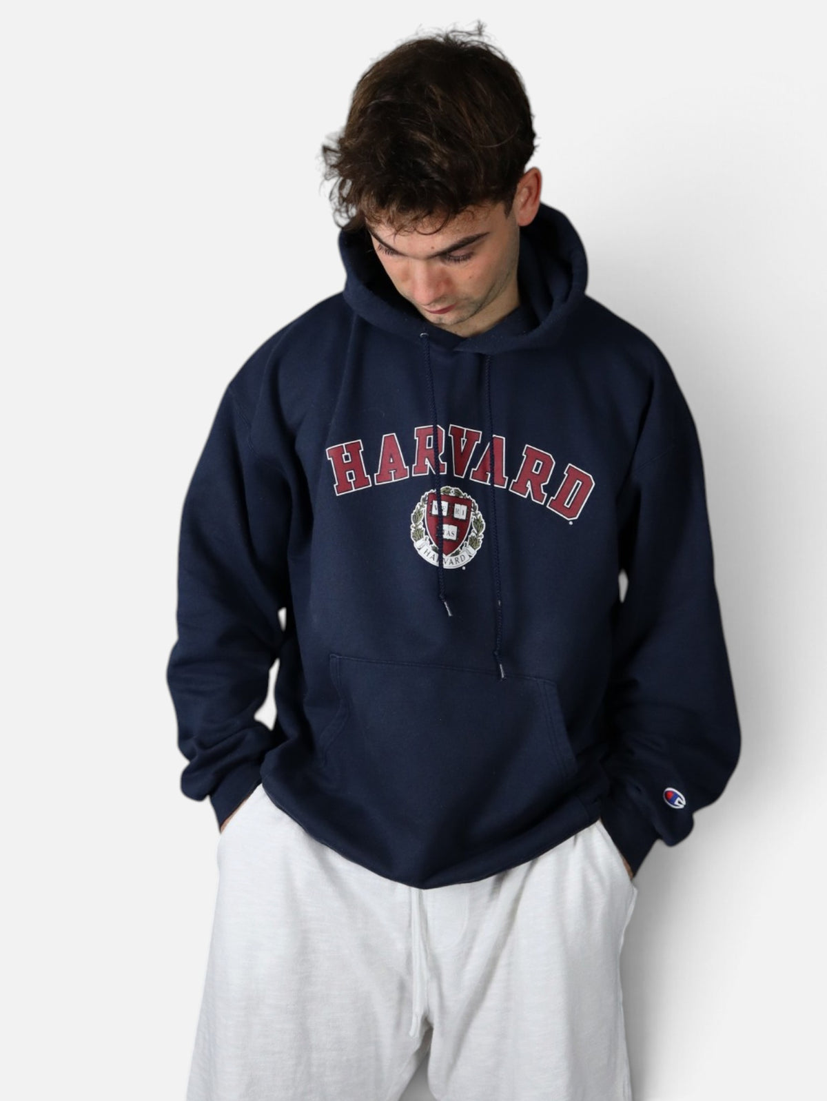 Vintage Champion Harvard University hoodie, navy, worn front