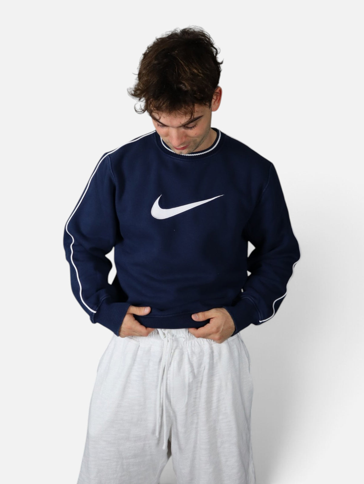 Vintage Nike center swoosh crewneck, navy, worn front