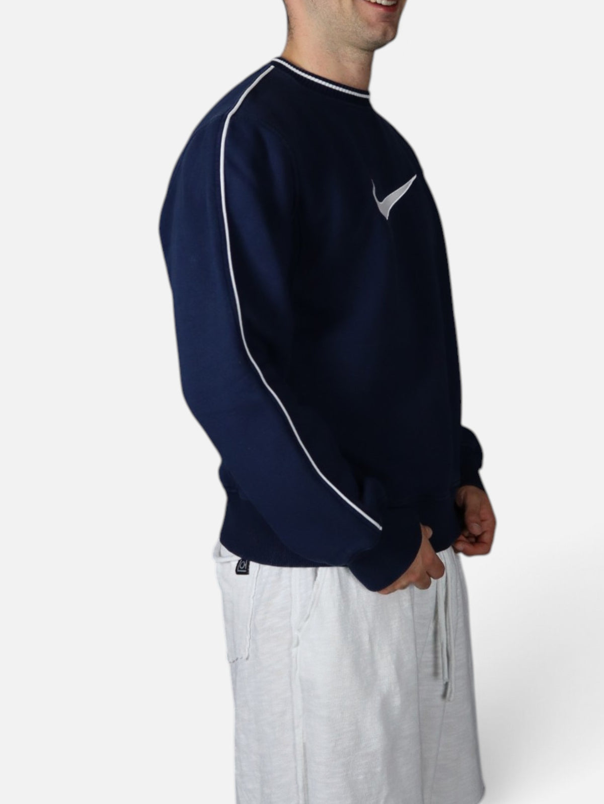 Vintage Nike center swoosh crewneck, navy, worn side