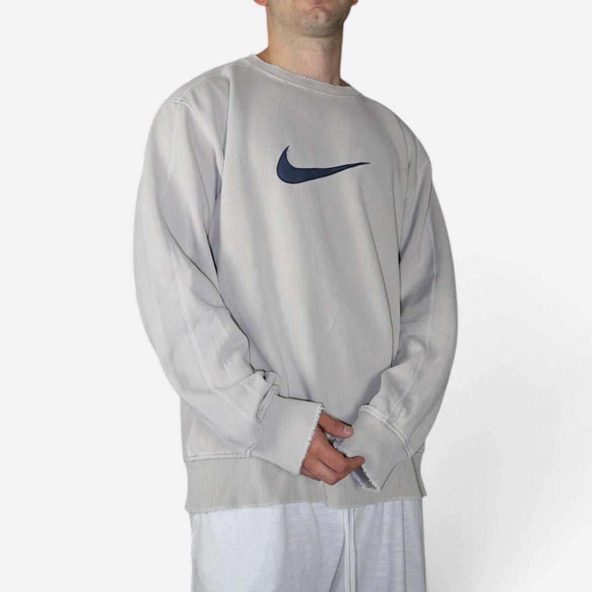 Vintage Nike distressed center swoosh crewneck, cream, worn