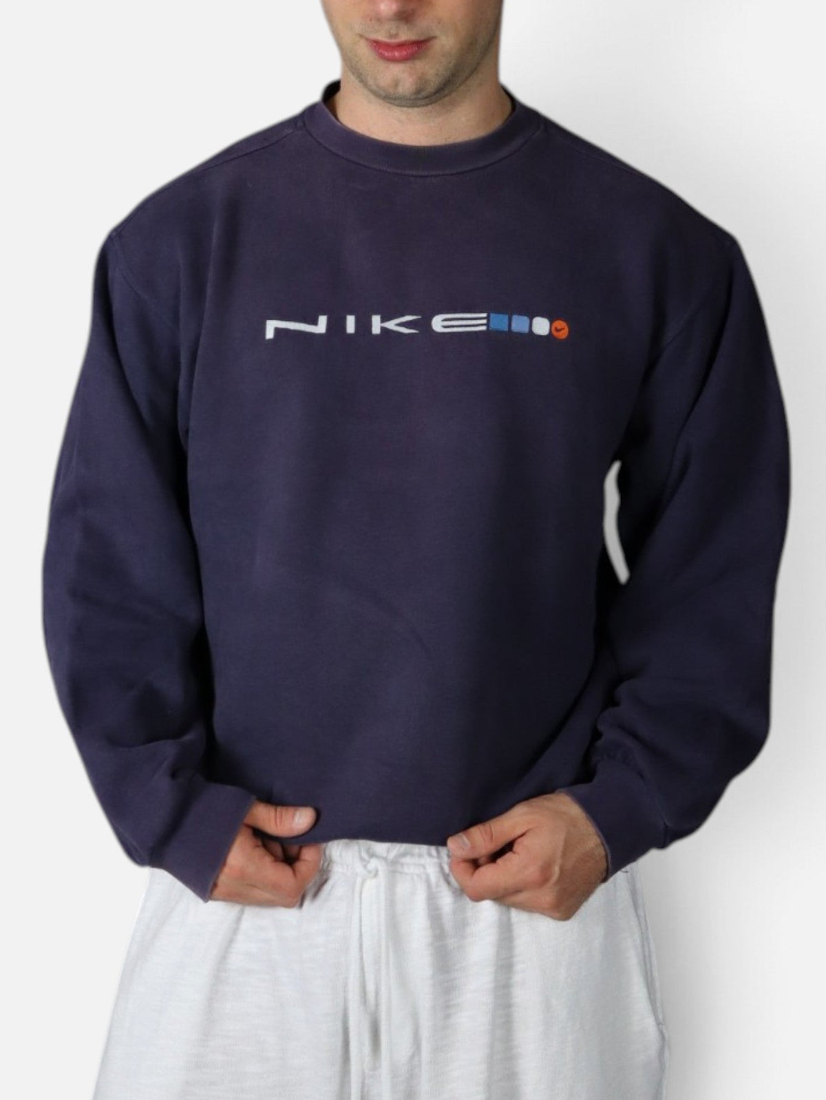 Vintage 90s Nike spell out crewneck, navy, worn front
