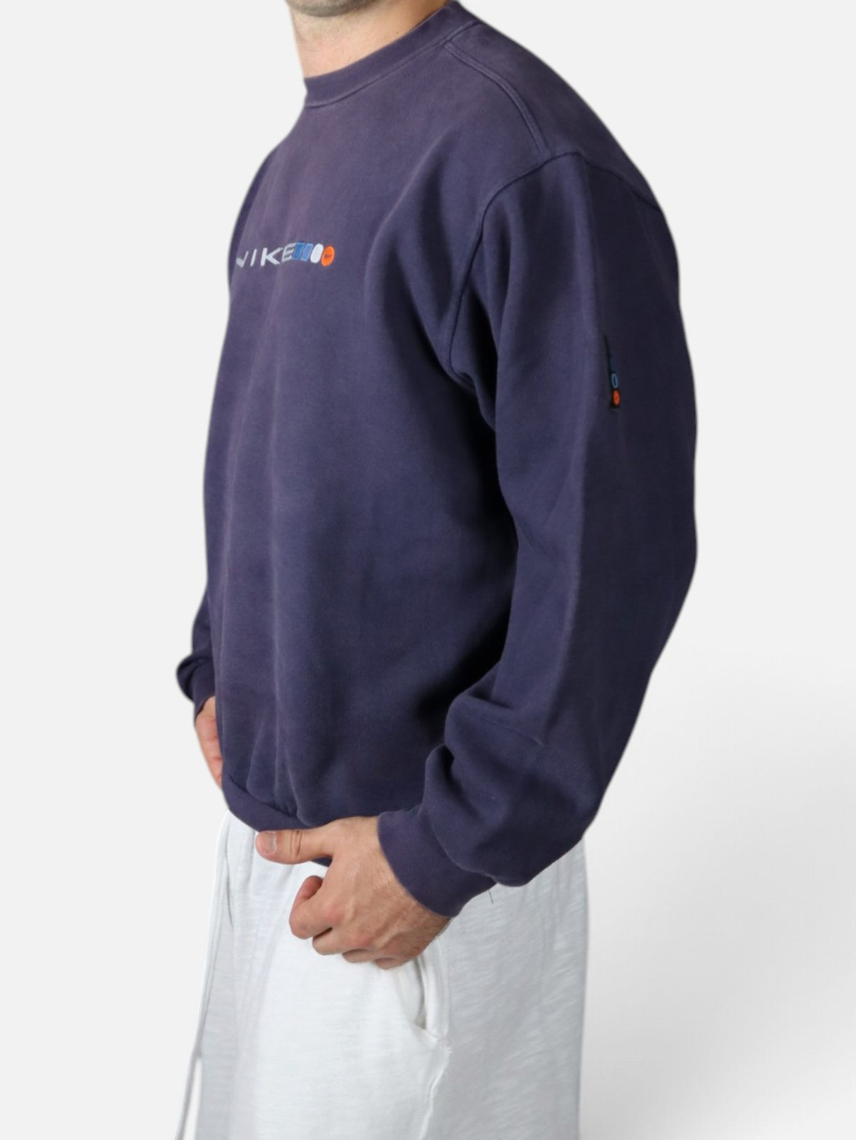 Vintage 90s Nike spell out crewneck, navy, worn side