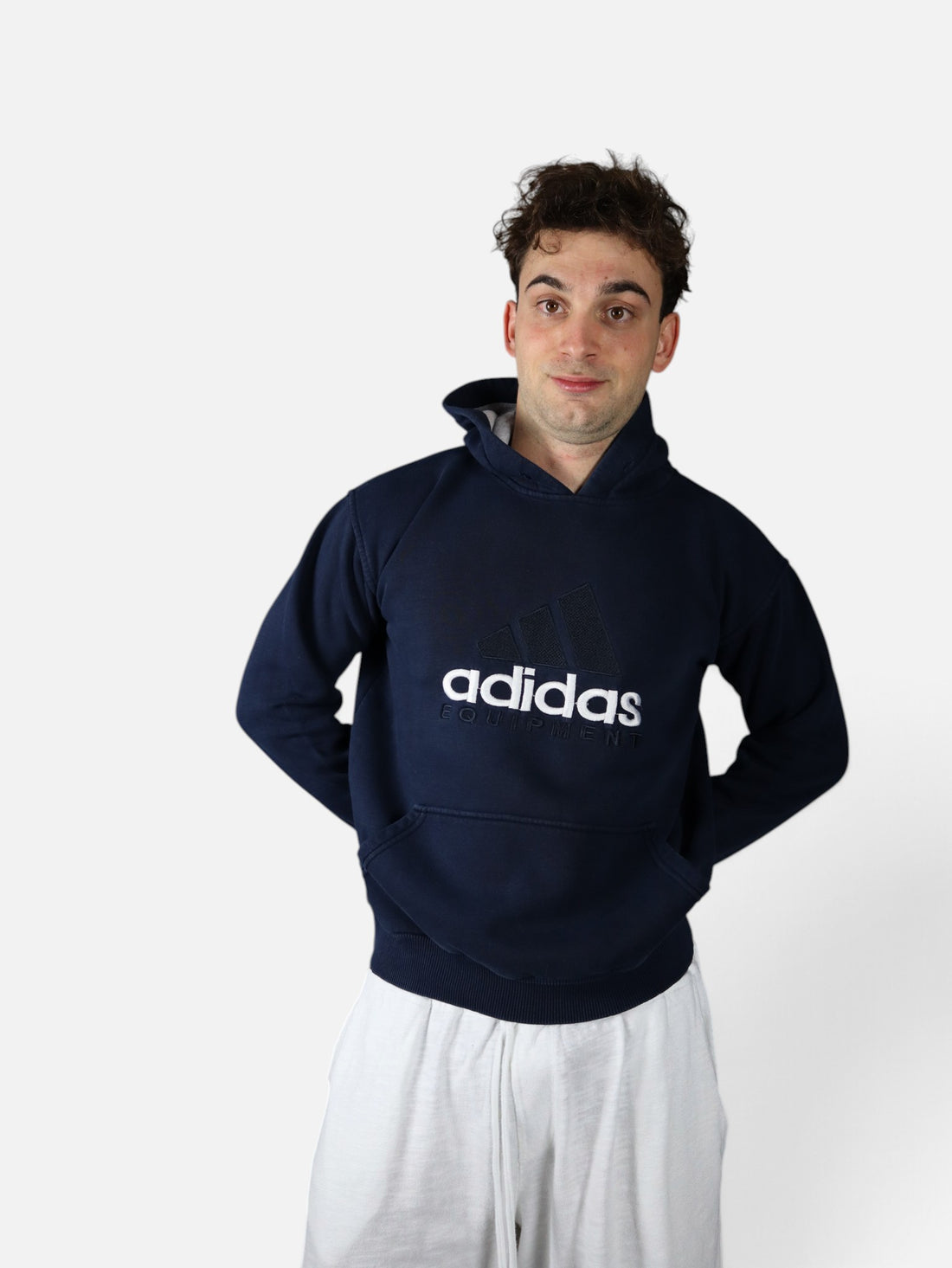 Vintage Adidas Equipment hoodie, navy, worn front