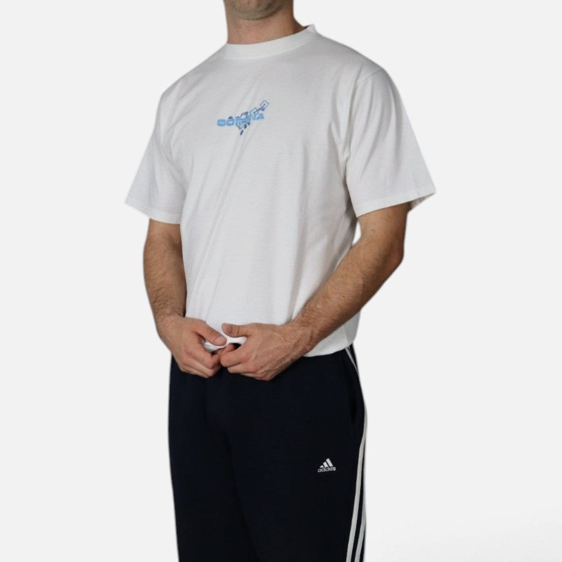 Vintage Gotcha surf tee and Adidas three stripe sweatpants, worn full fit