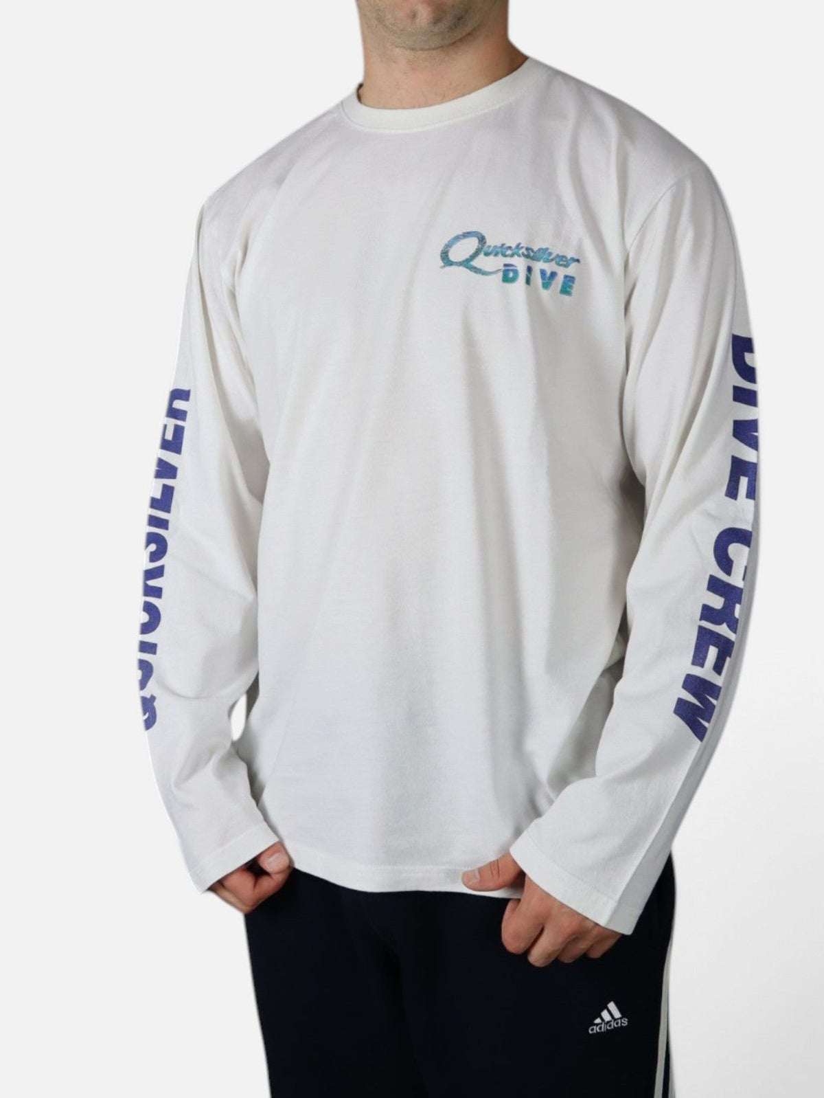 Vintage Quicksilver Dive Crew long sleeve tee, white, worn front