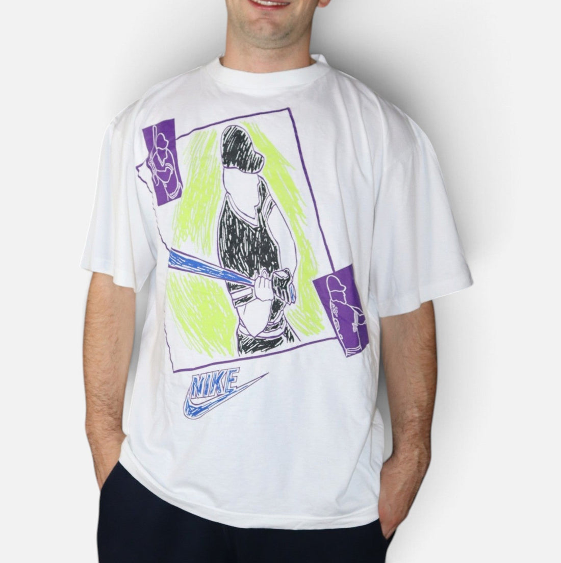 Vintage early 90s Nike baseball graphic tee, worn front